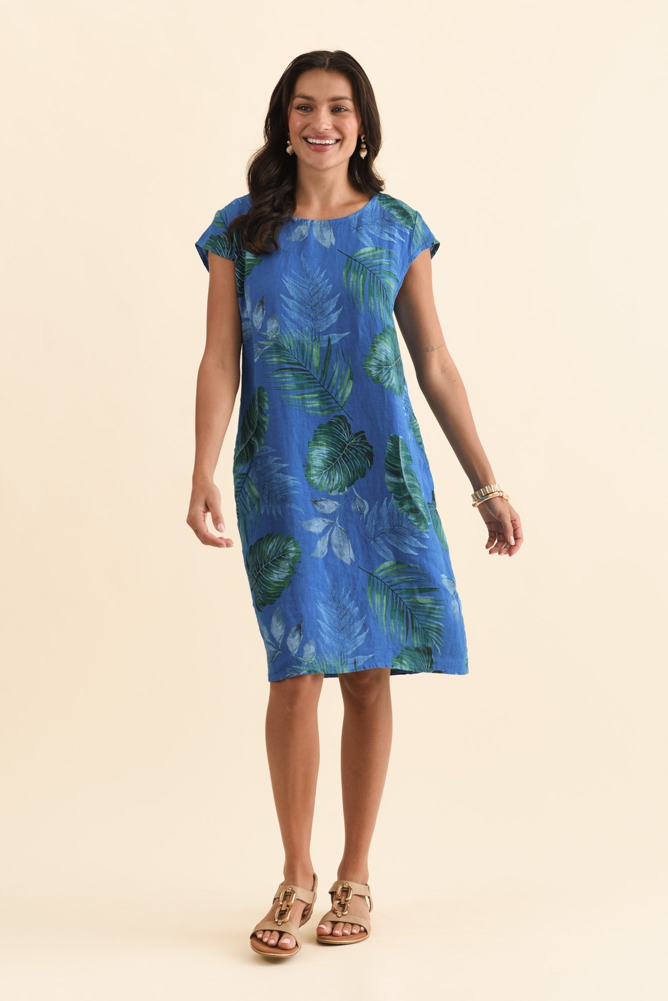 Tina Cobalt Palm Linen Pocket Dress