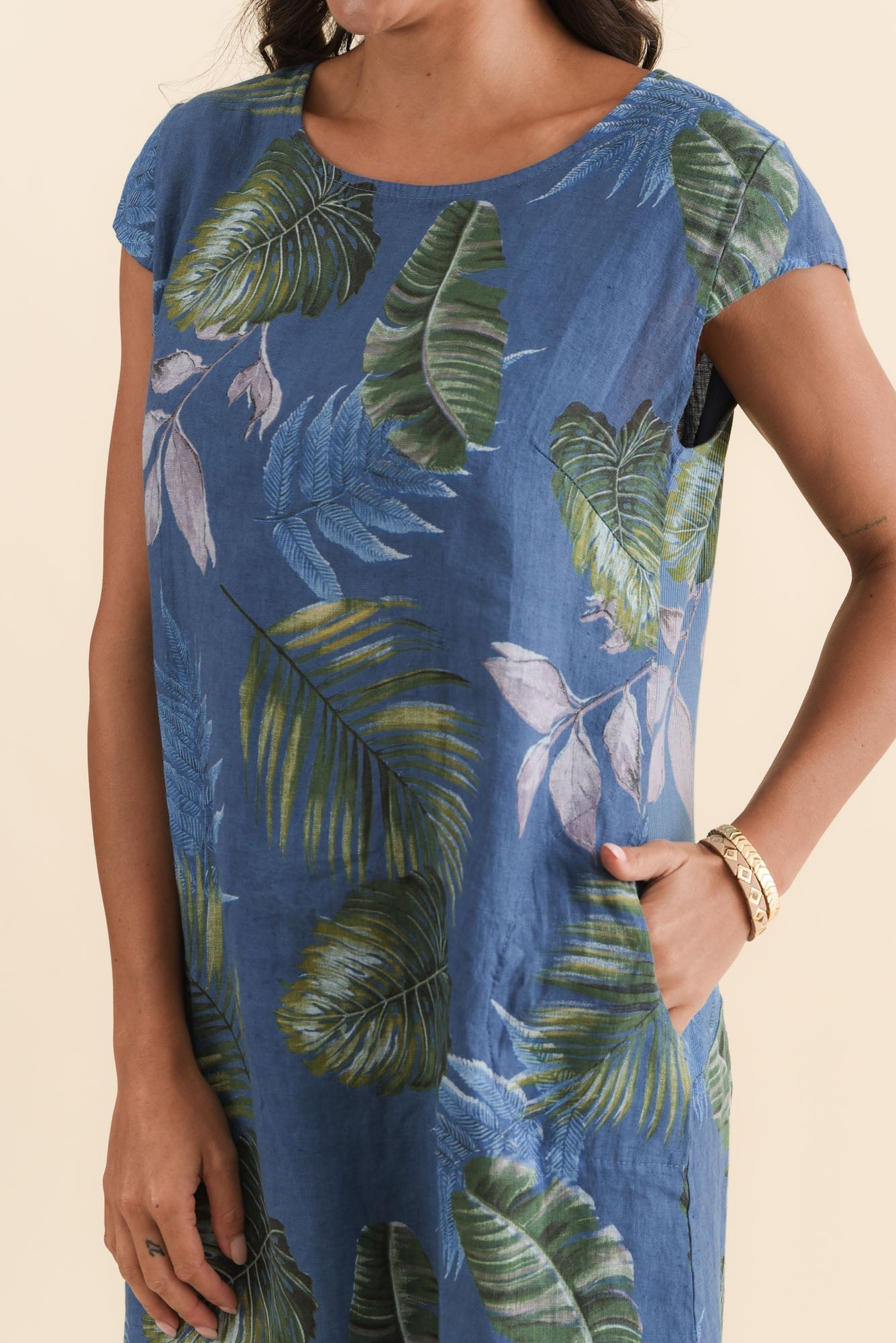 Tina Steel Palm Linen Pocket Dress