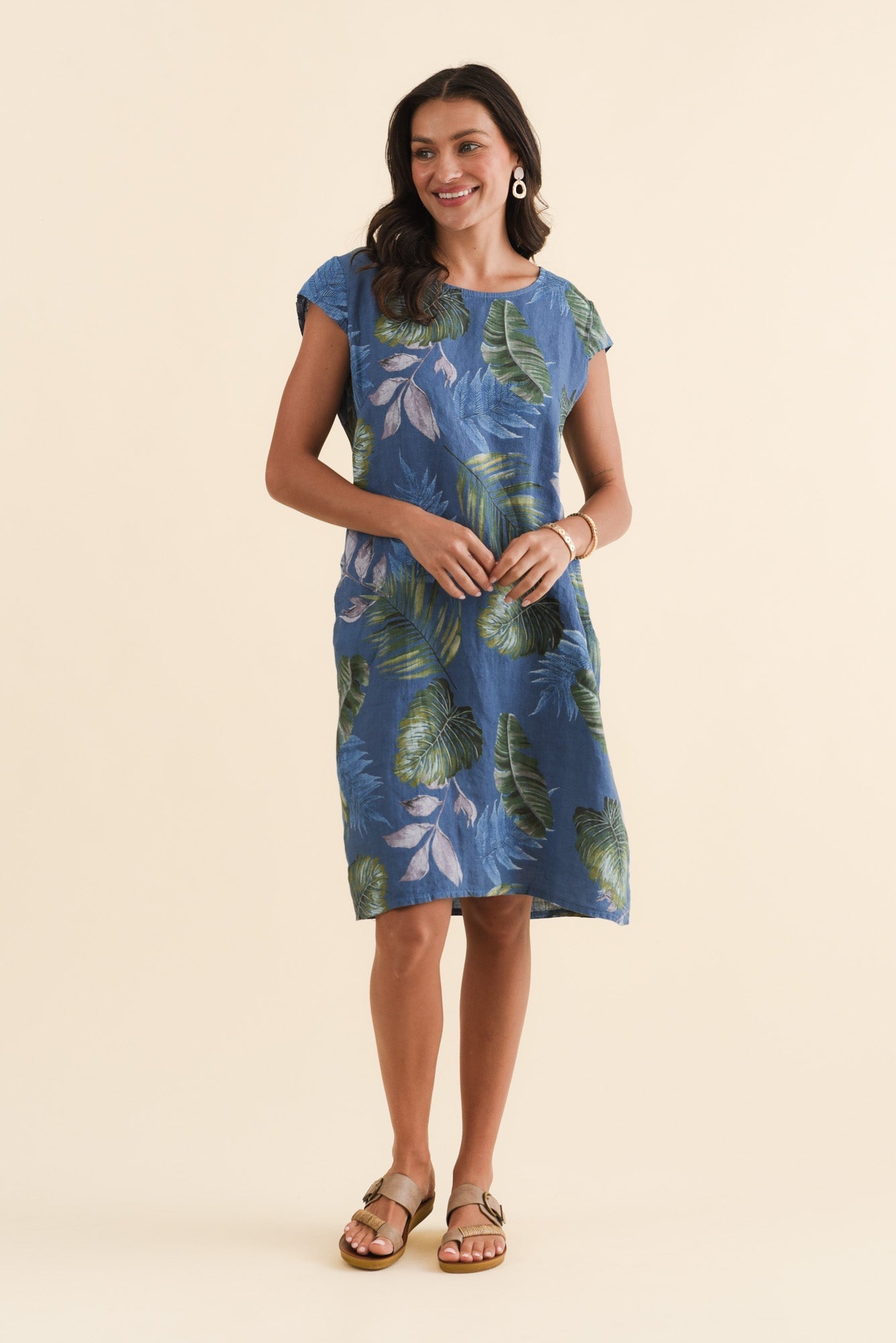 Tina Steel Palm Linen Pocket Dress