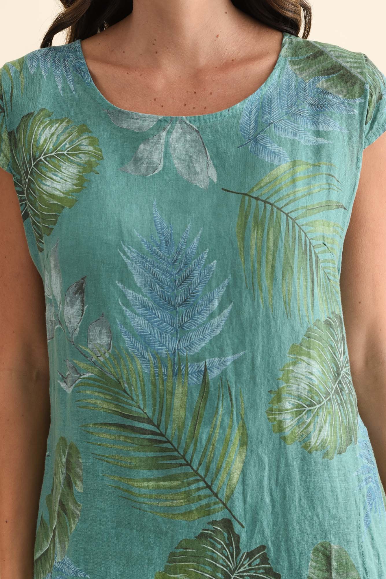 Tina Teal Palm Linen Pocket Dress