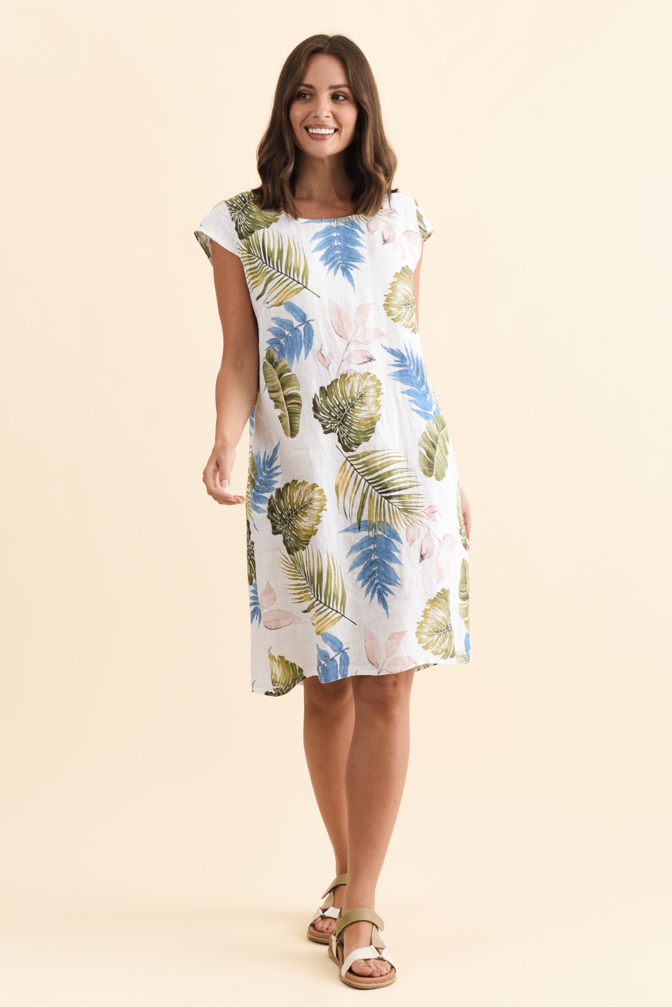 Tina White Palm Linen Pocket Dress