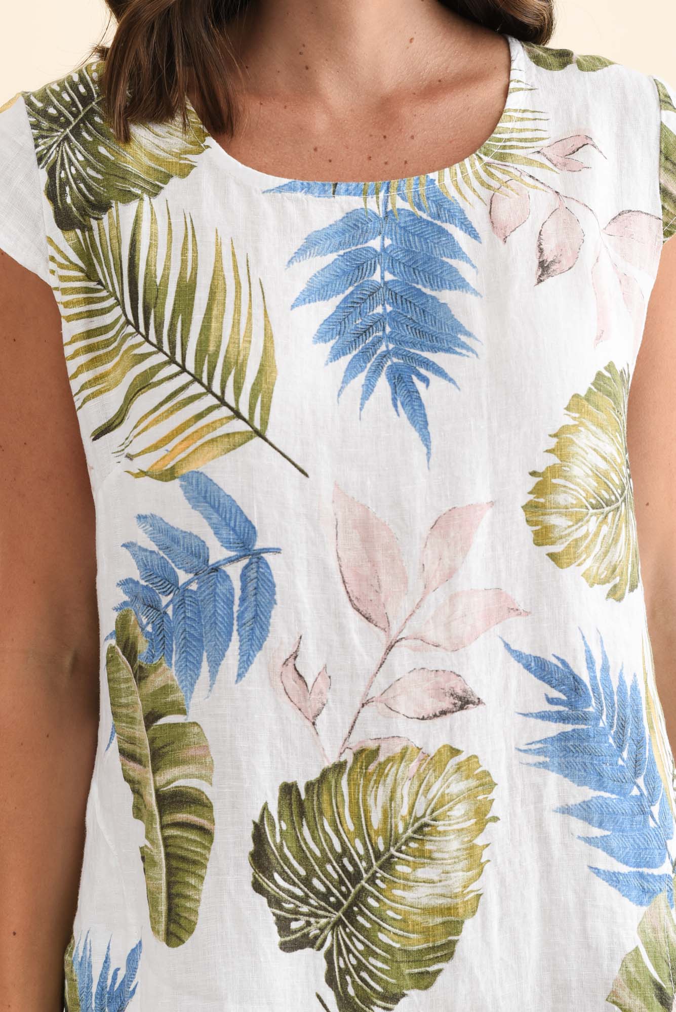 Tina White Palm Linen Pocket Dress