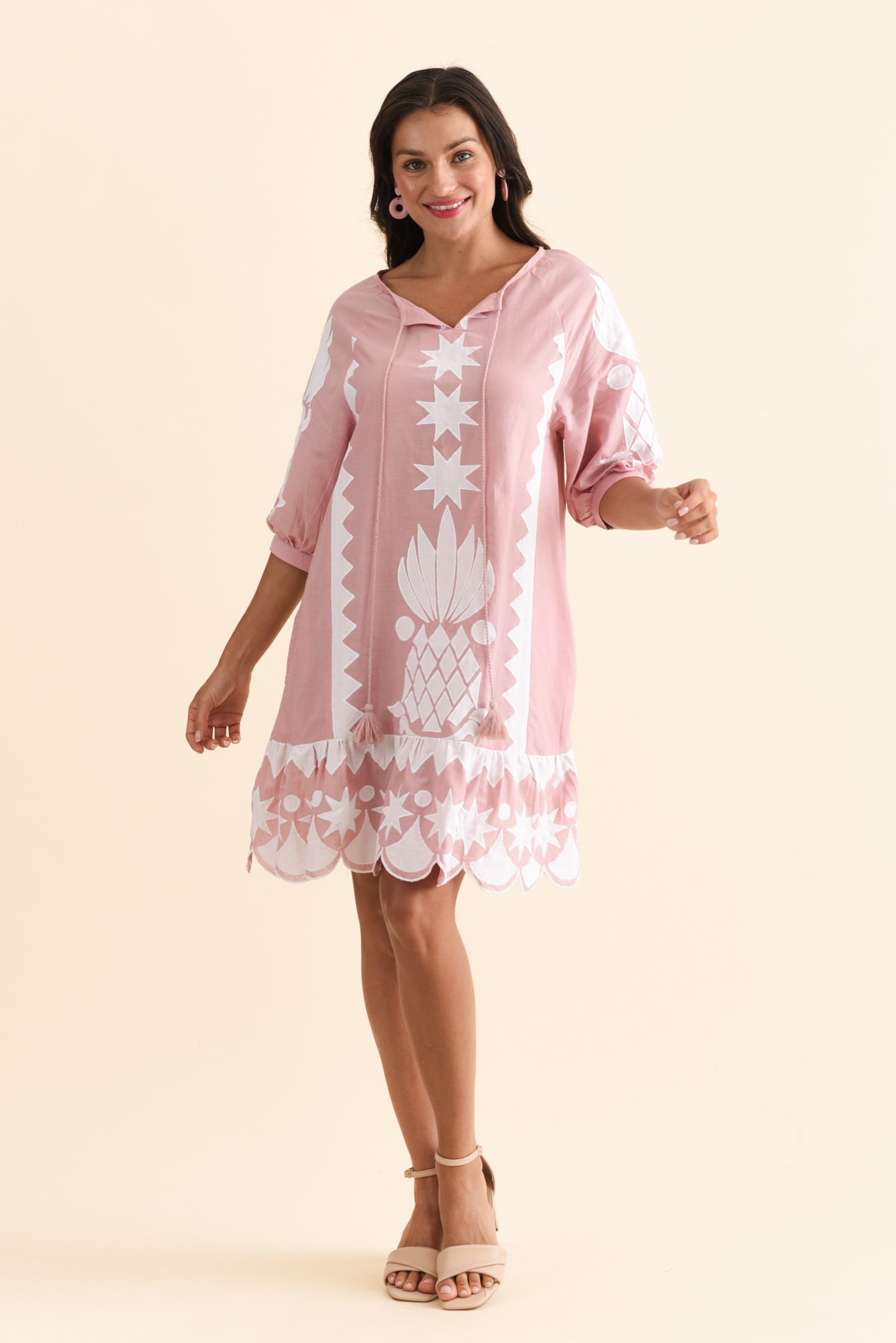 Tori Pink Abstract Cotton Tassel Dress