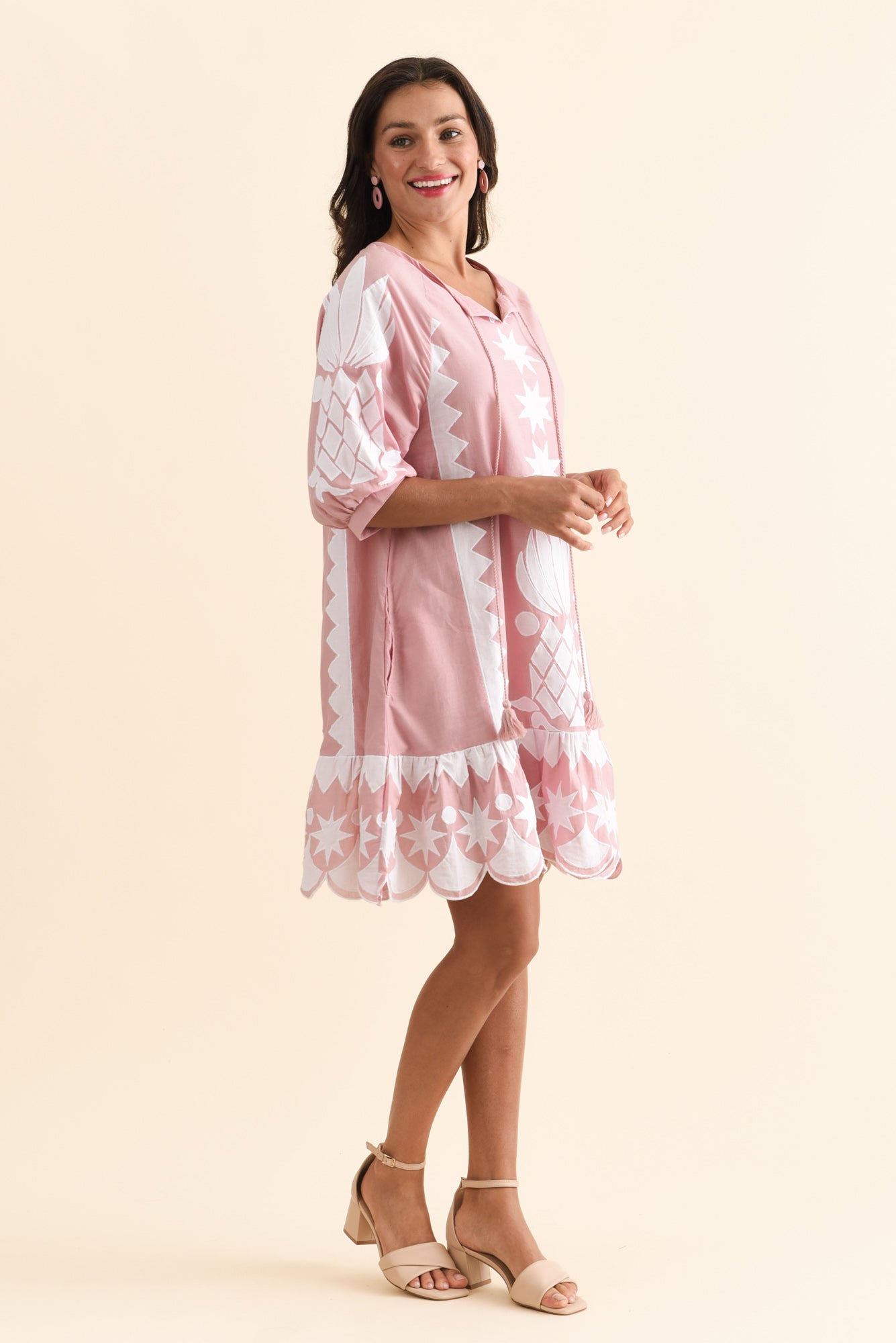 Tori Pink Abstract Cotton Tassel Dress