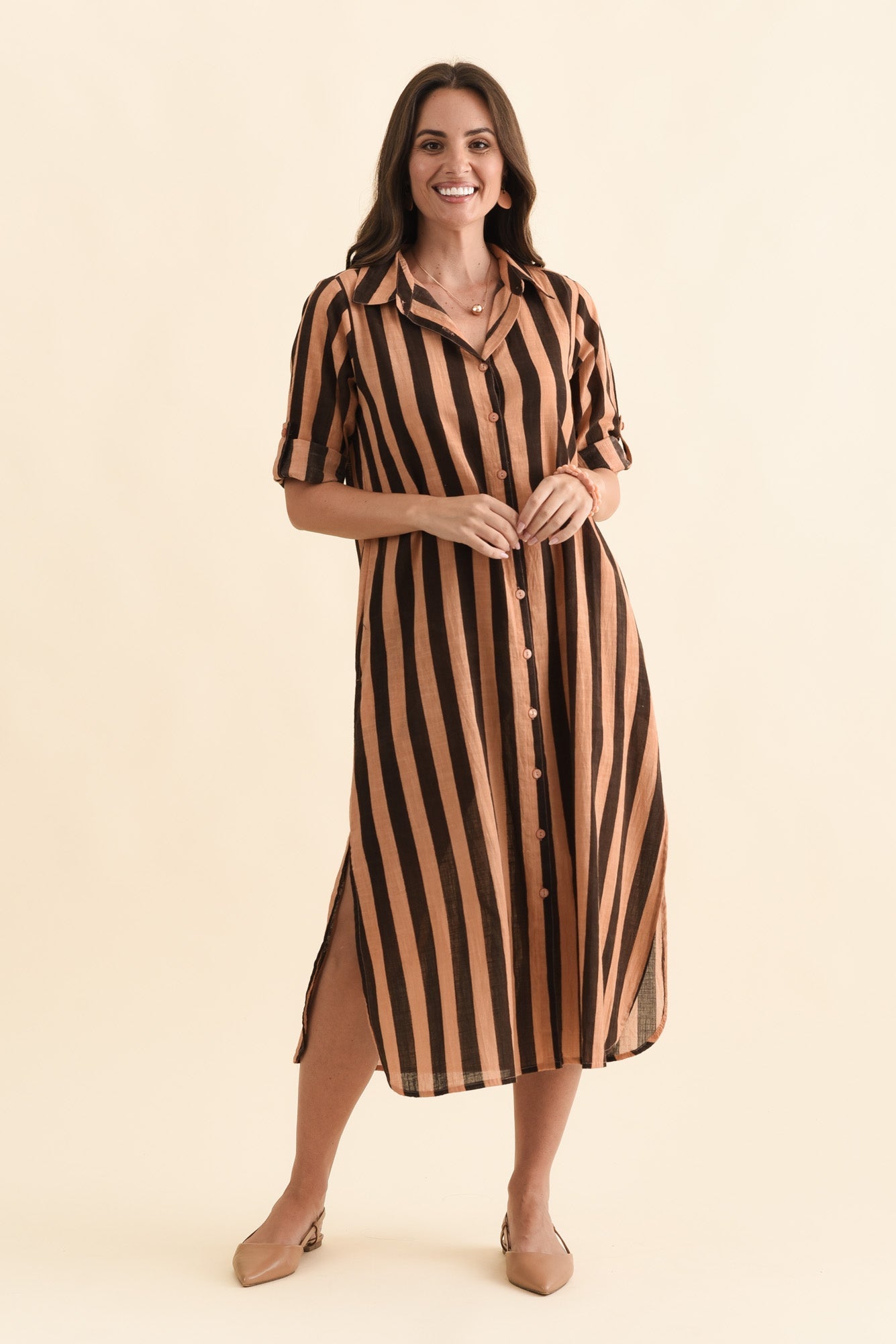 Tricia Chocolate Stripe Cotton Shirt Dress