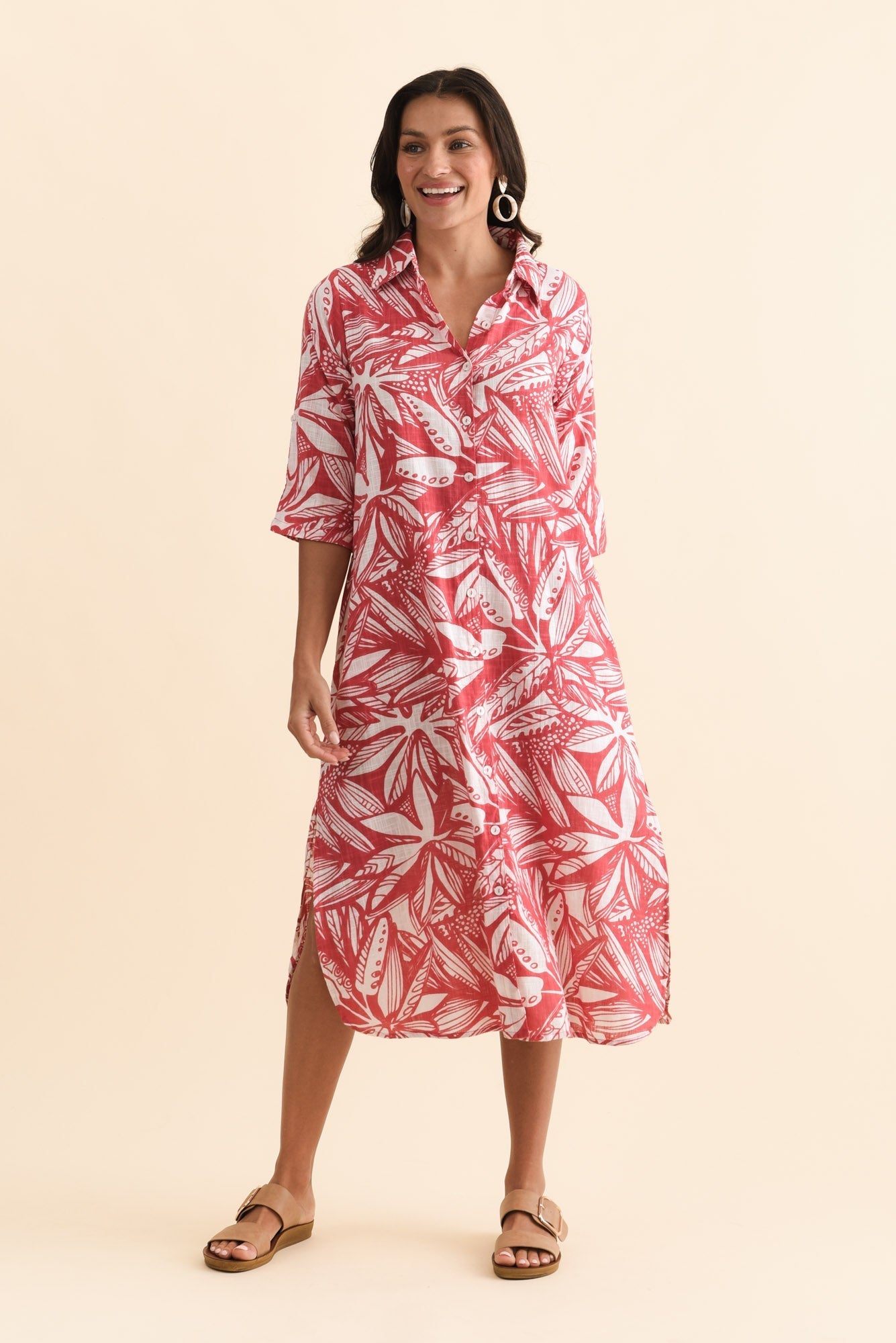 Tricia Coral Leaf Cotton Shirt Dress