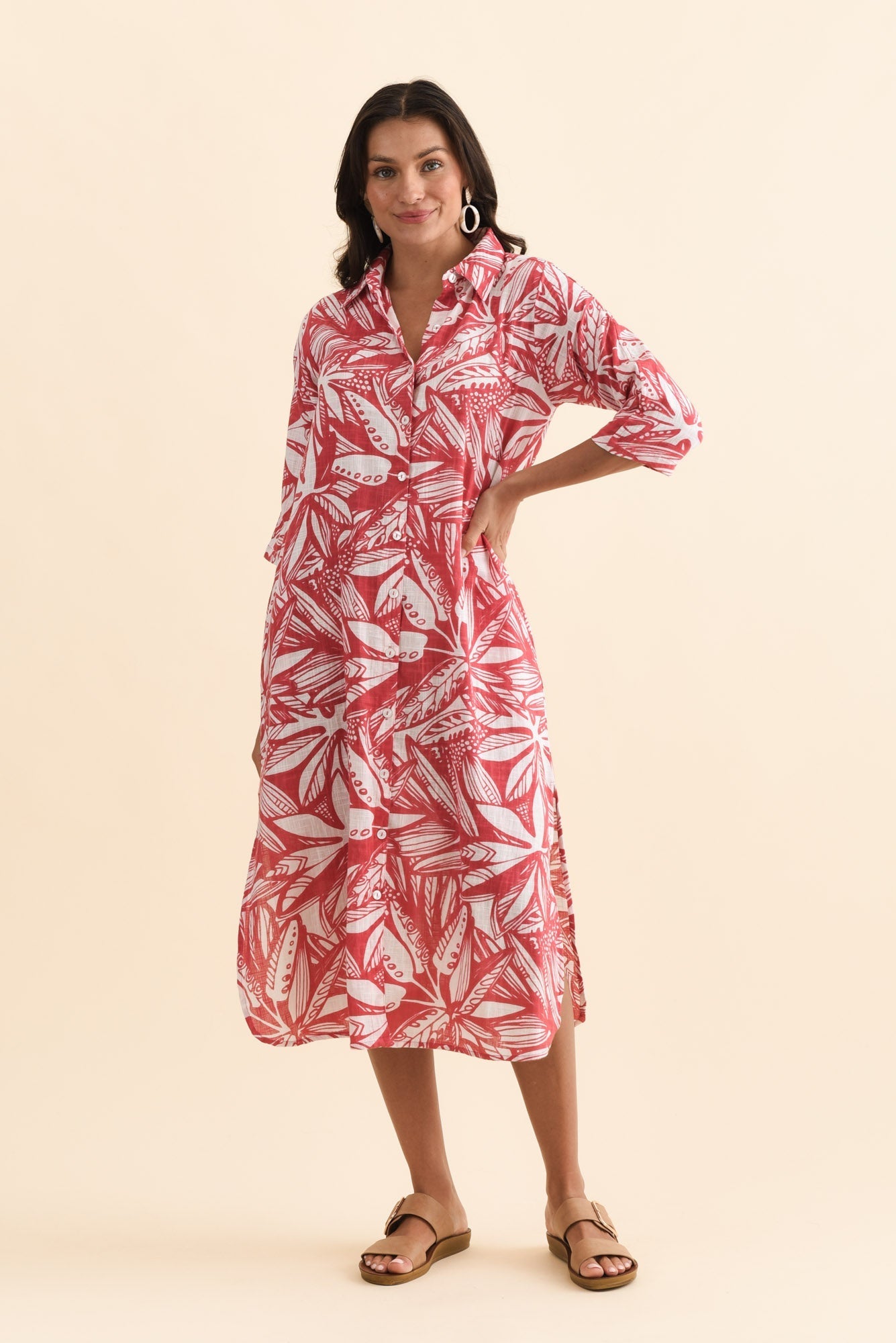Tricia Coral Leaf Cotton Shirt Dress