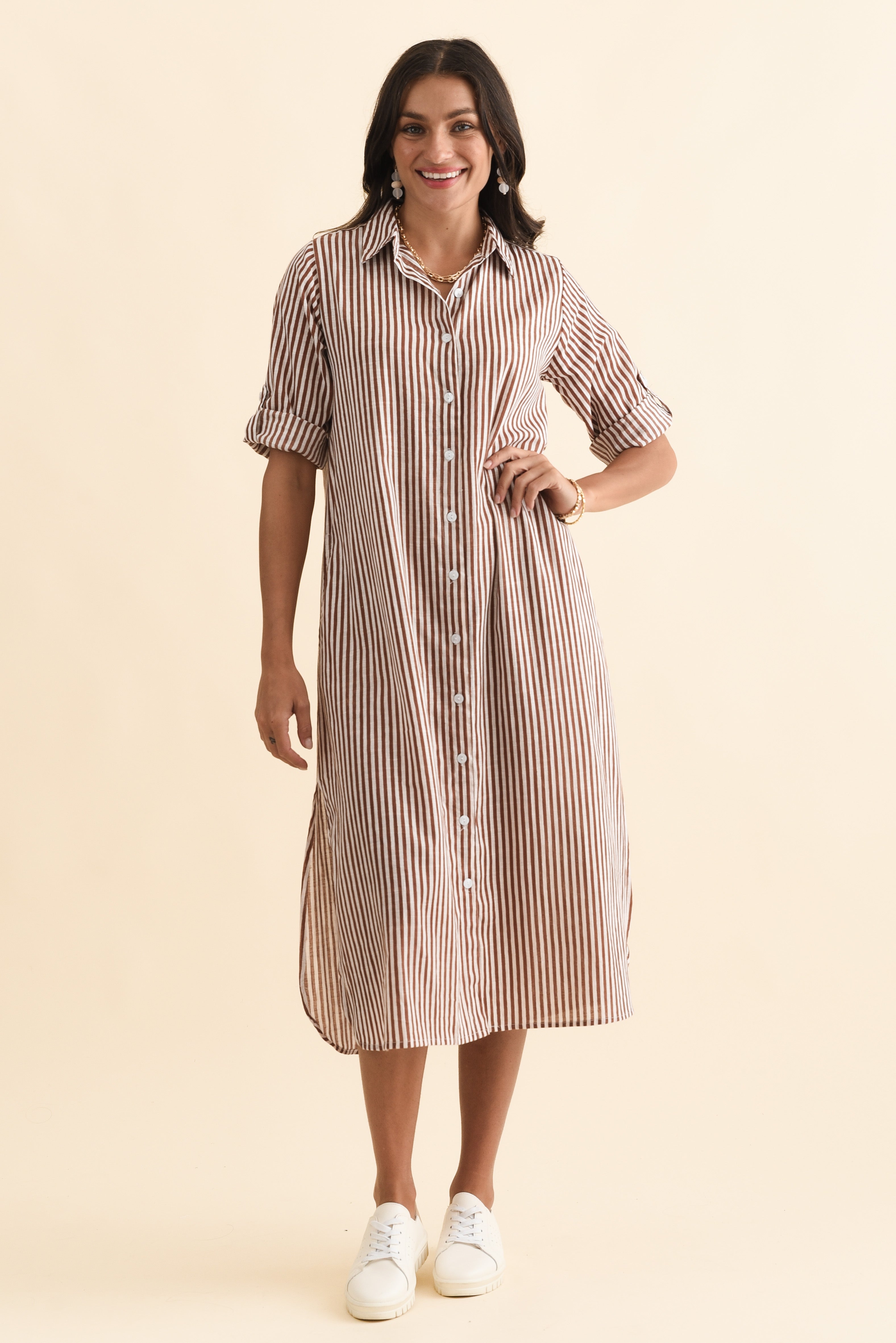 Tricia Mocha Stripe Cotton Shirt Dress