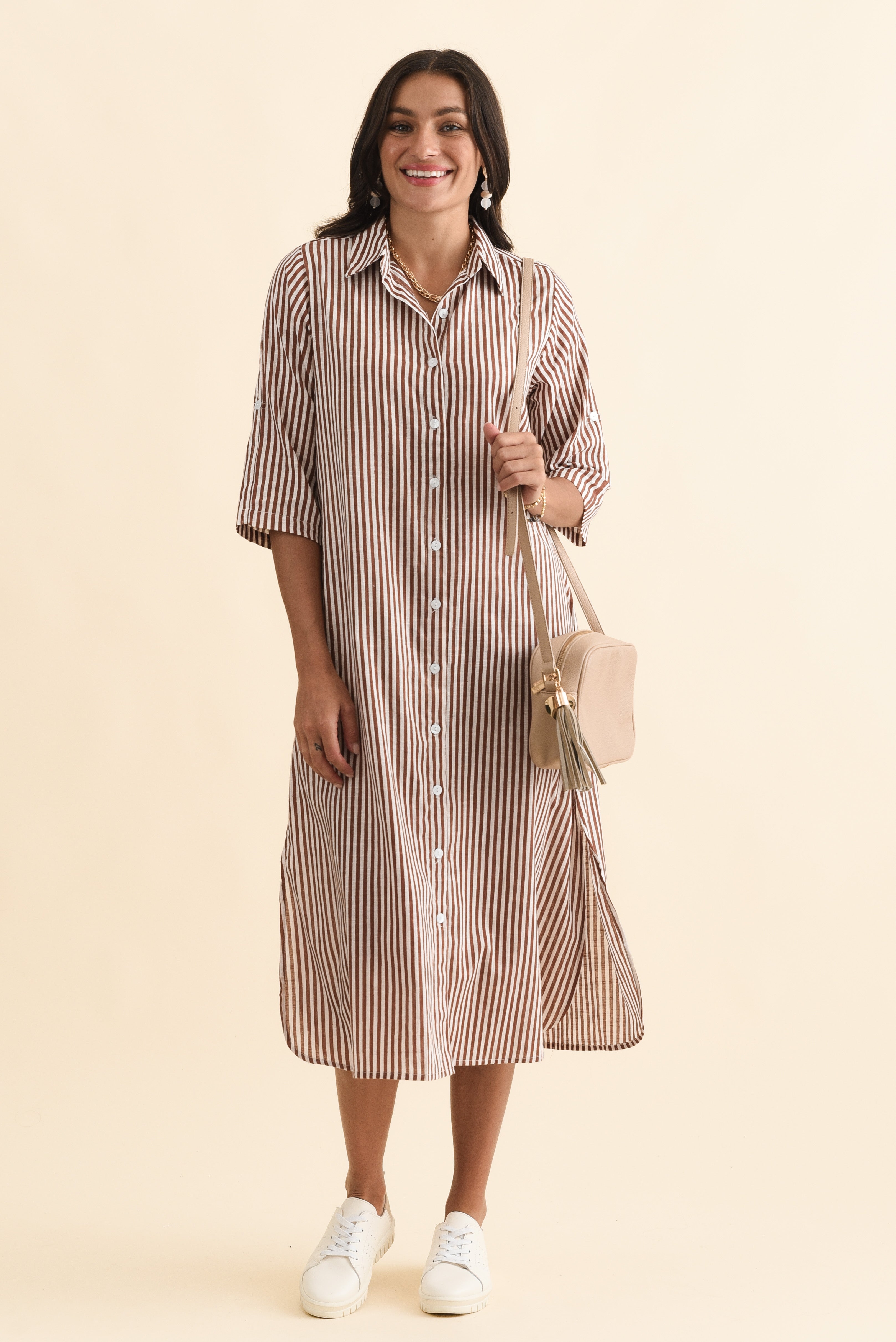 Tricia Mocha Stripe Cotton Shirt Dress