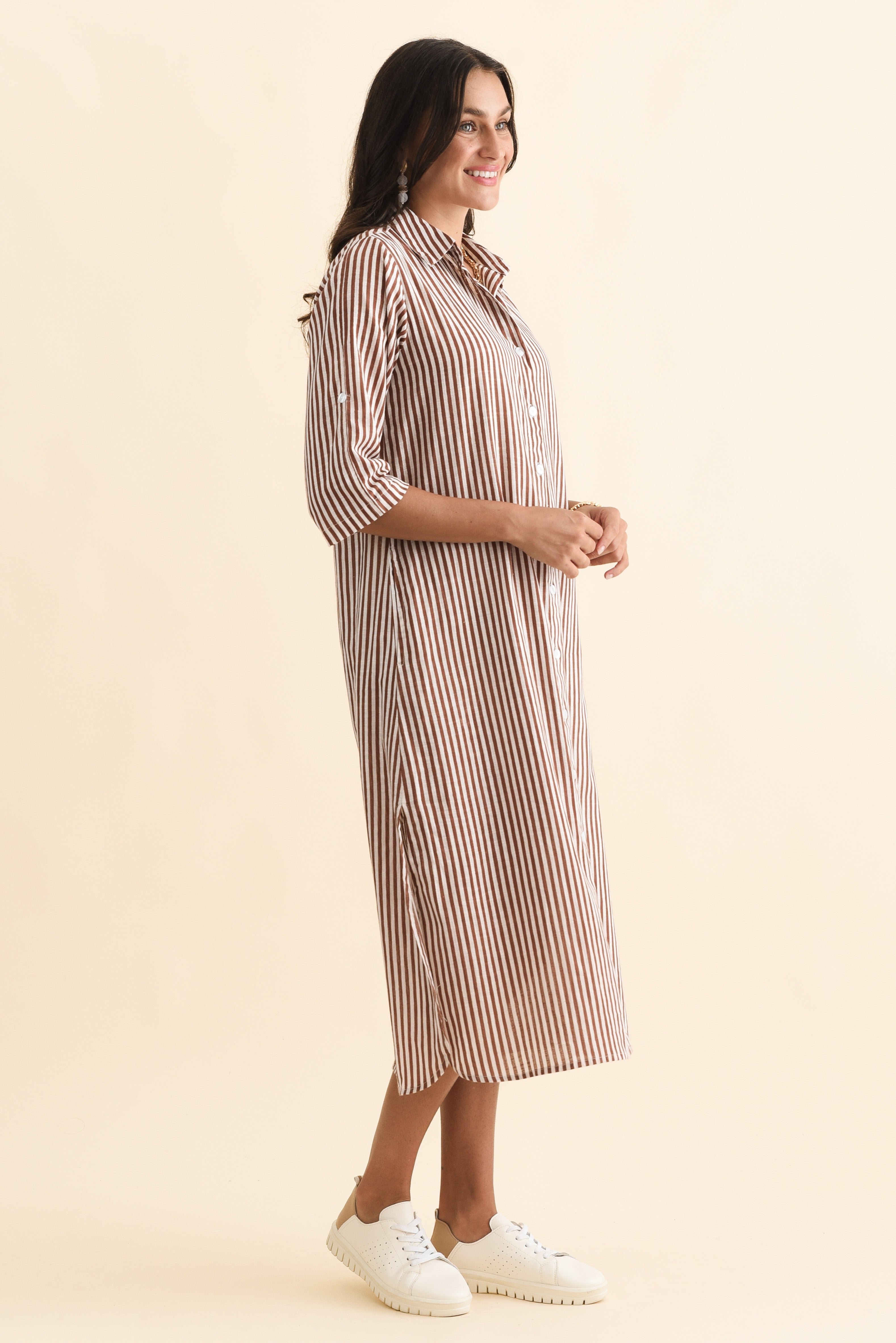 Tricia Mocha Stripe Cotton Shirt Dress
