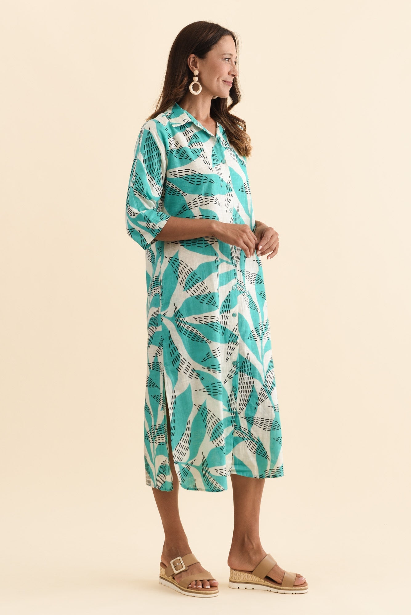 Tricia Teal Fern Cotton Shirt Dress