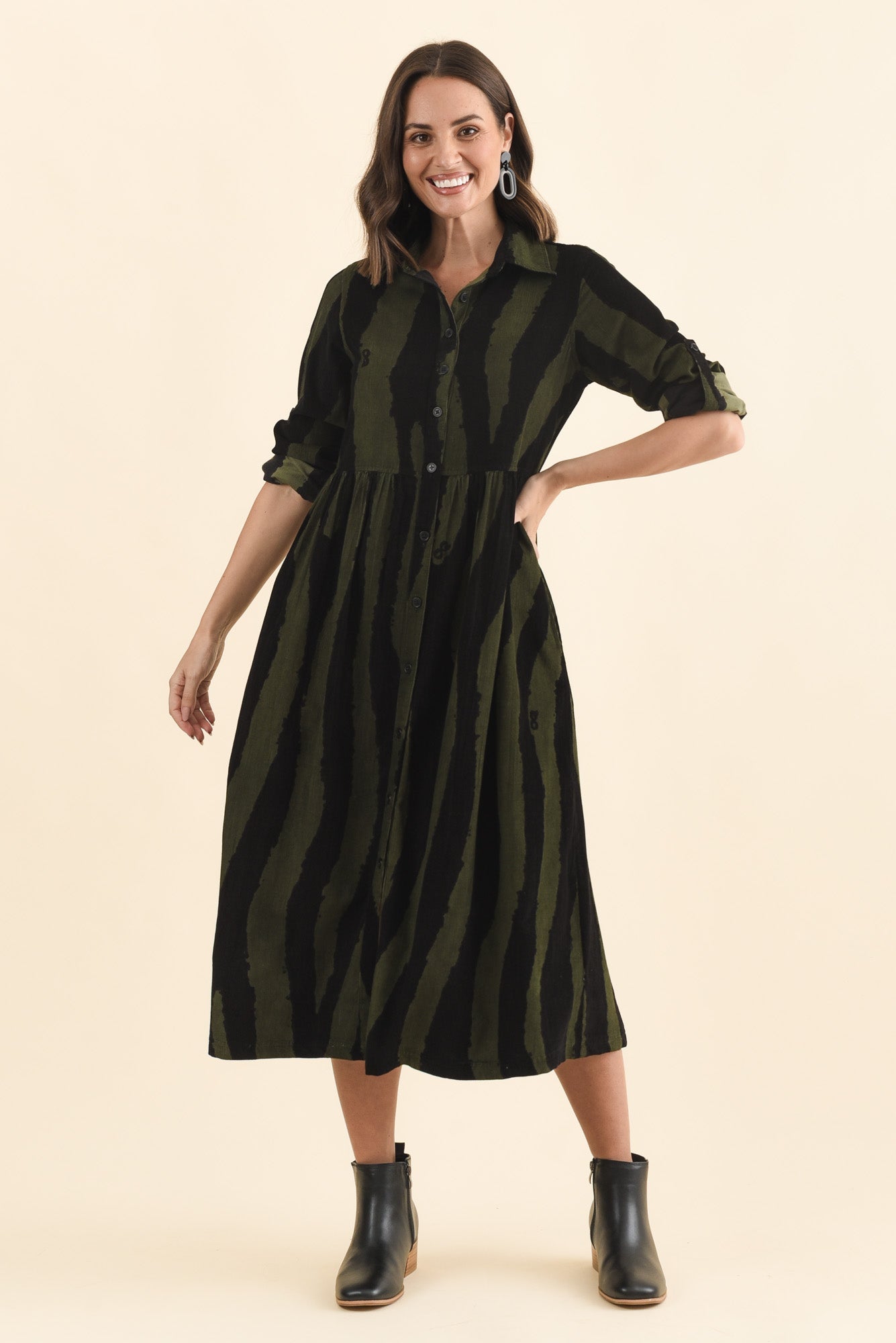 Vani Olive Stripe Cotton Button Dress