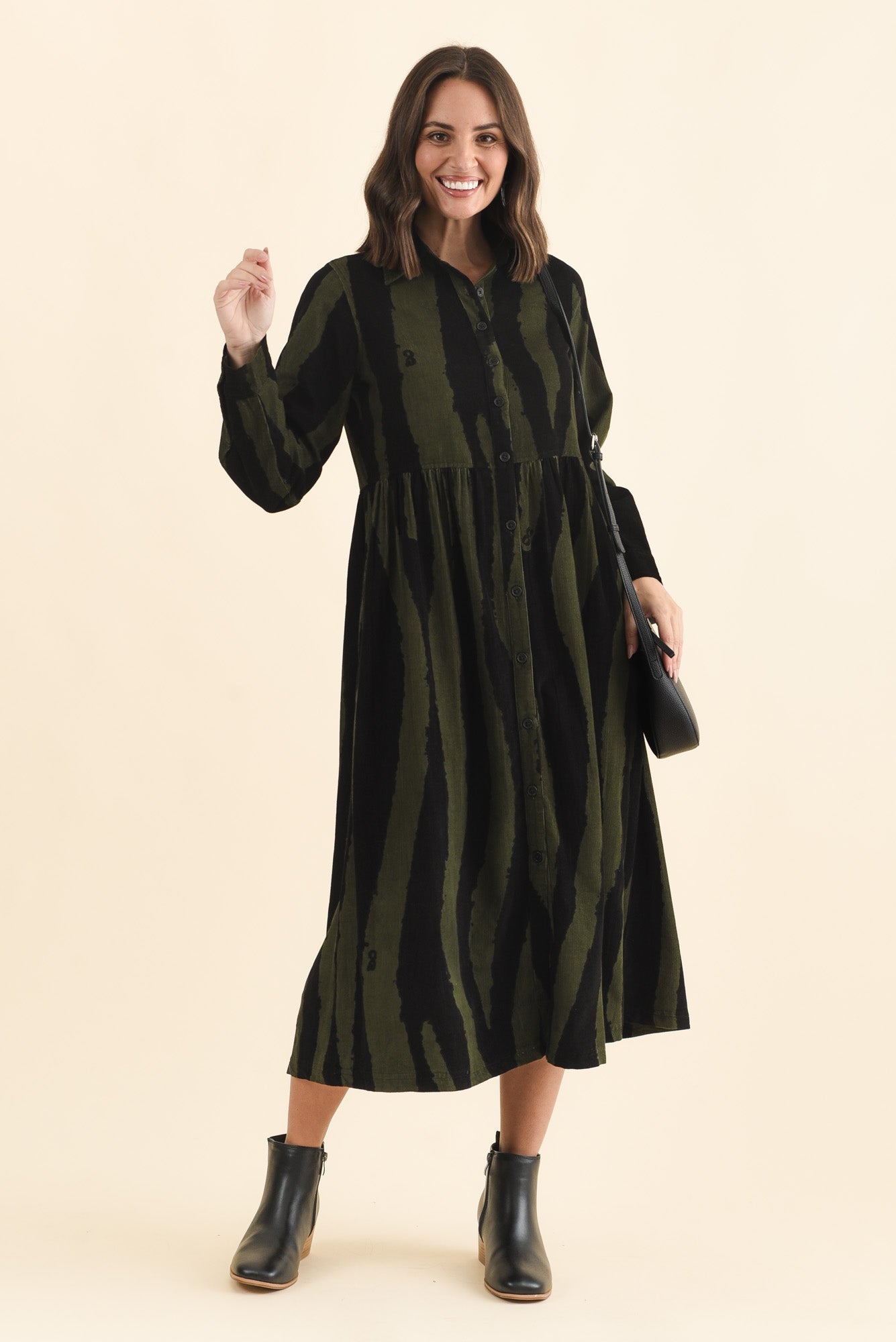 Vani Olive Stripe Cotton Button Dress
