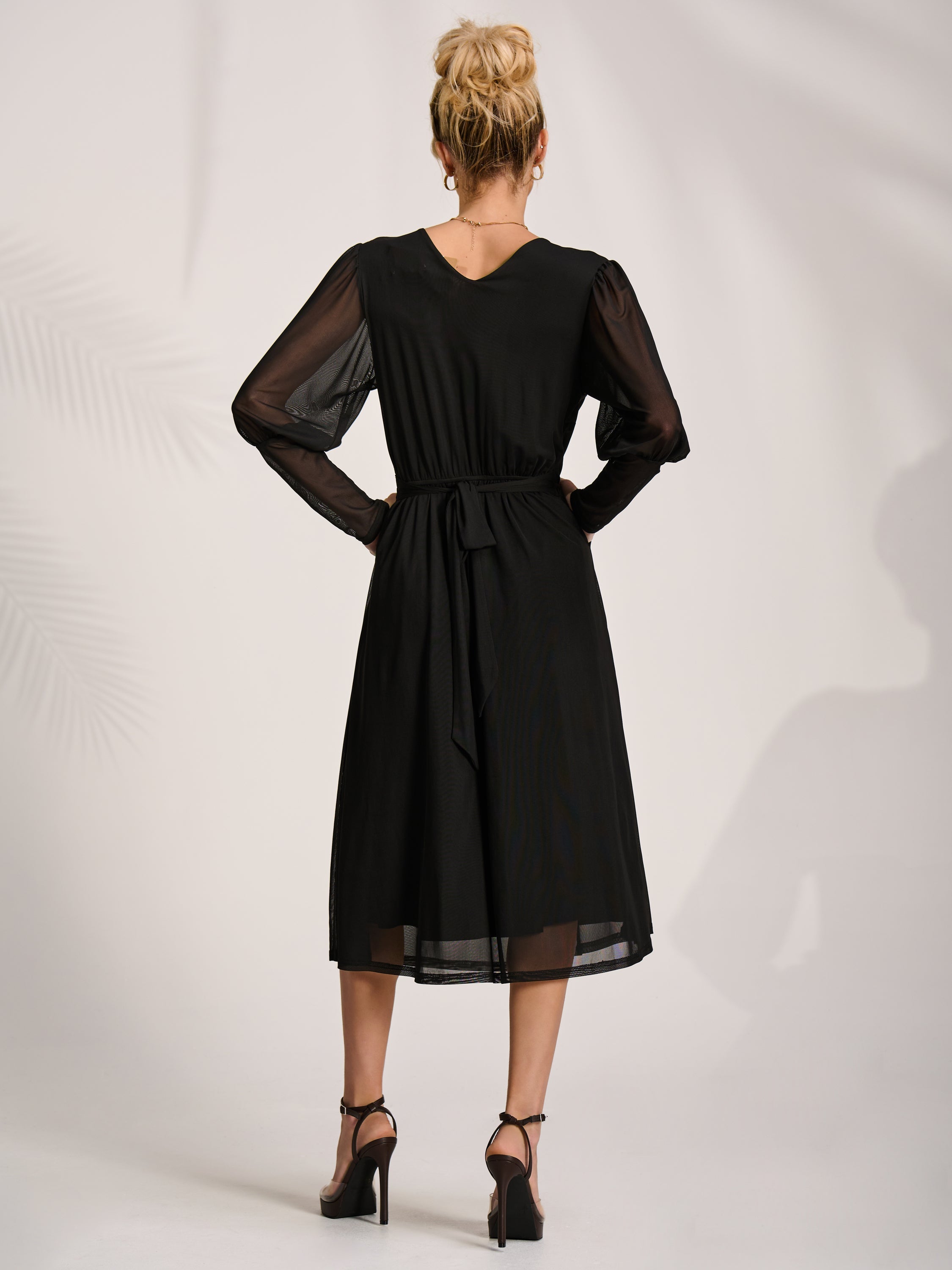 Mesh Long Puff Sleeve Wrap Midi Dress Back View