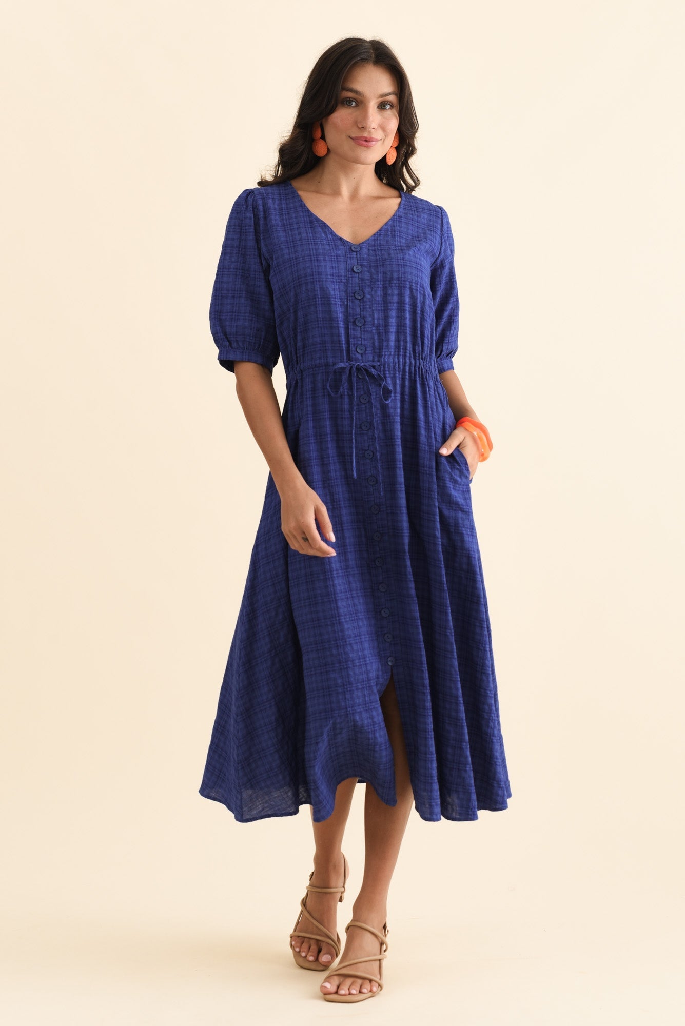 Weslyn Cobalt Check Cotton Blend Dress