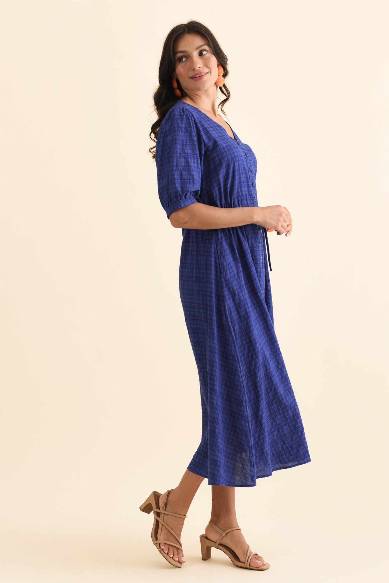 Weslyn Cobalt Check Cotton Blend Dress