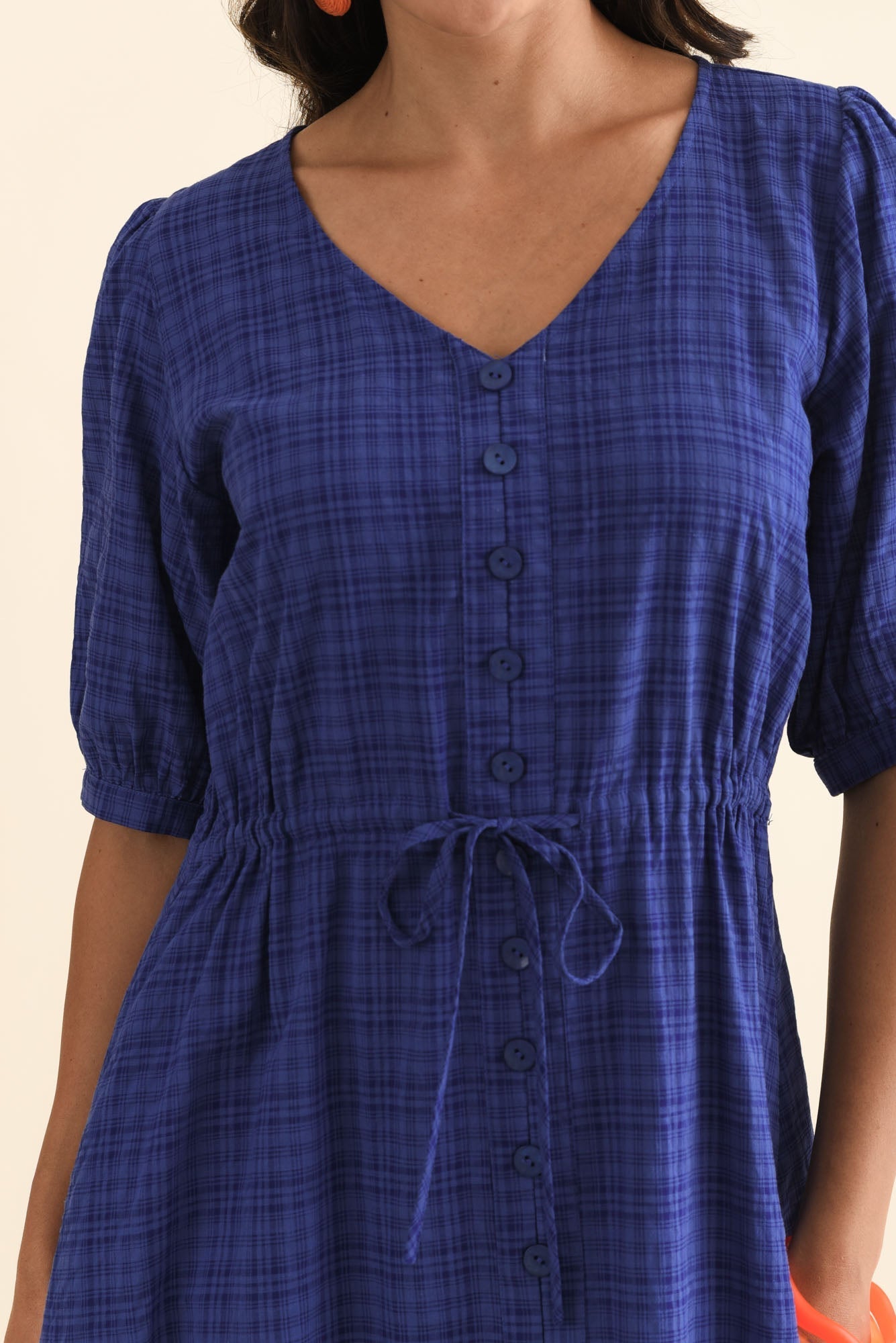 Weslyn Cobalt Check Cotton Blend Dress