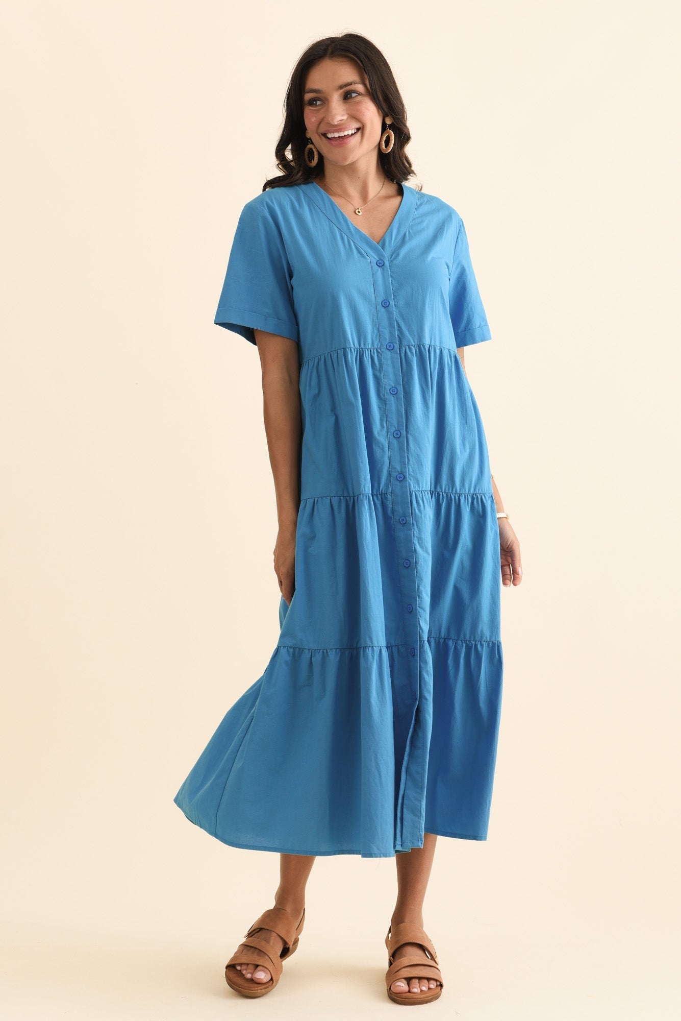 Winona Blue Cotton Button Dress