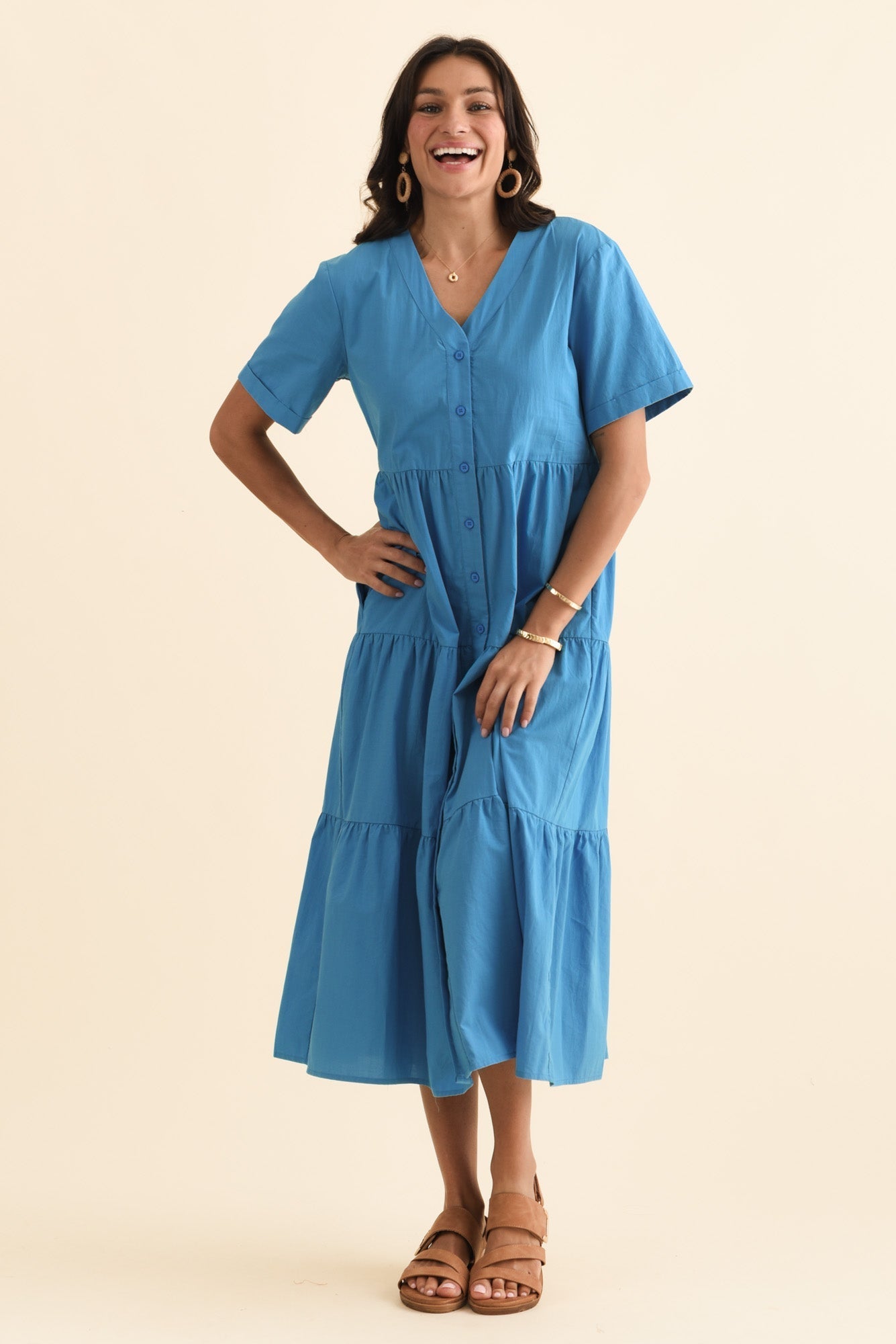 Winona Blue Cotton Button Dress
