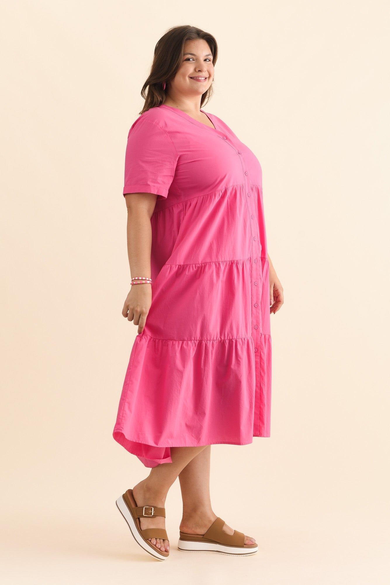 Winona Fuchsia Cotton Button Dress