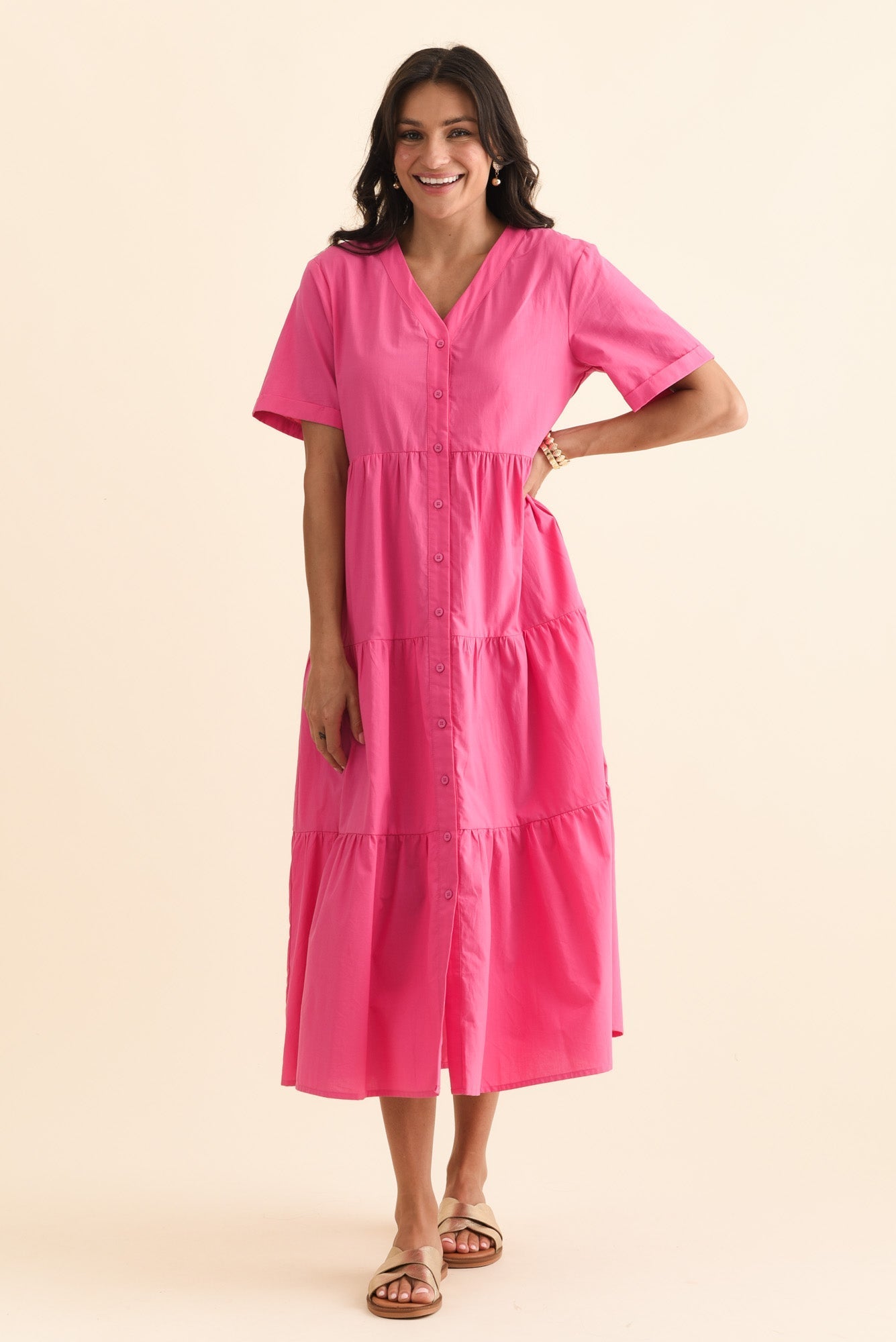 Winona Fuchsia Cotton Button Dress