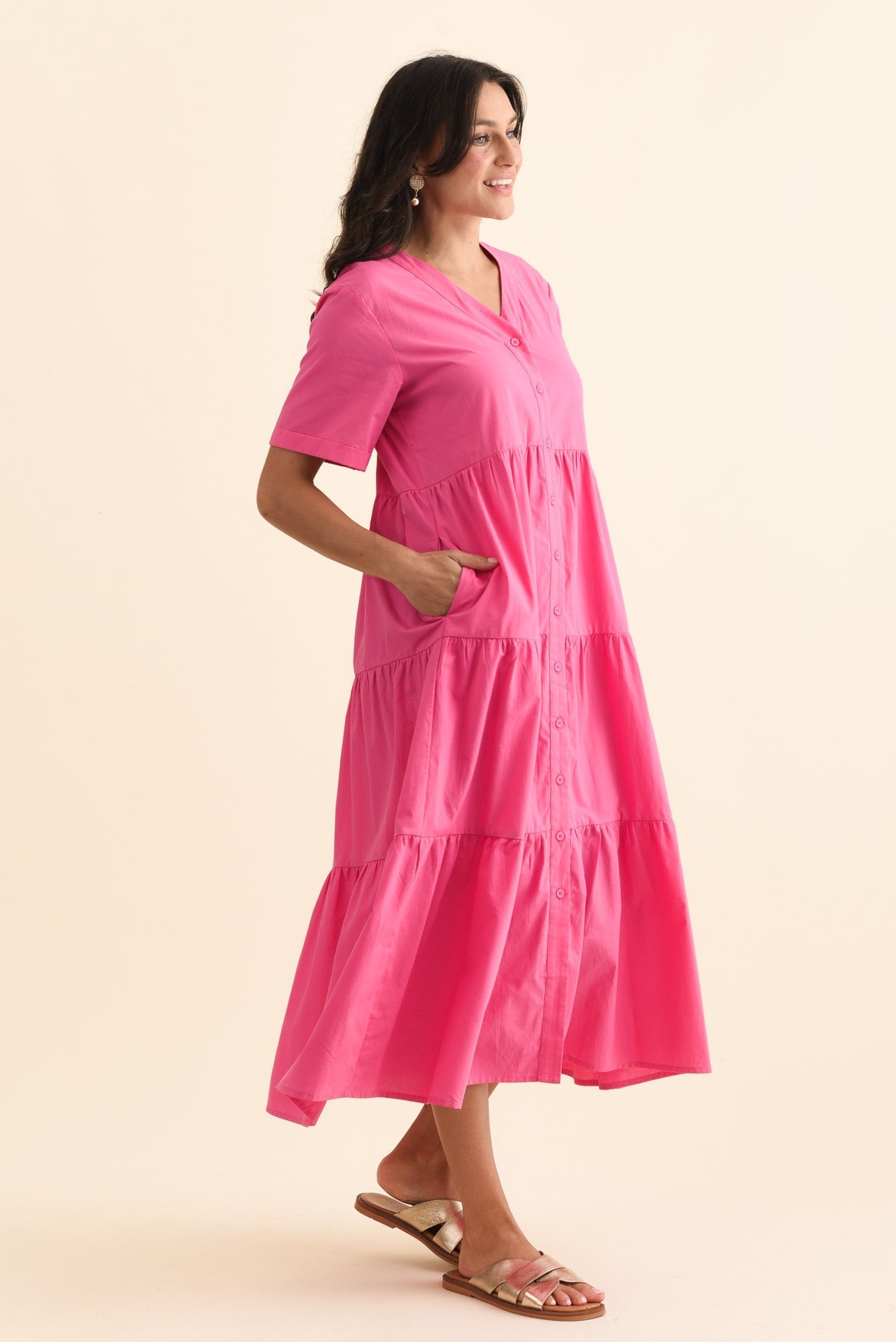 Winona Fuchsia Cotton Button Dress