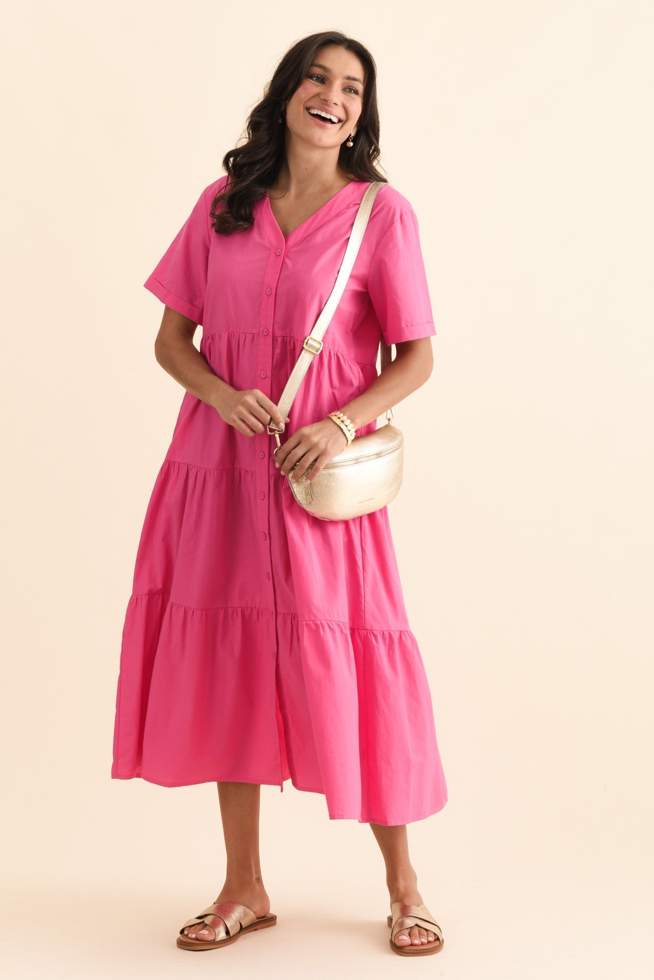 Winona Fuchsia Cotton Button Dress