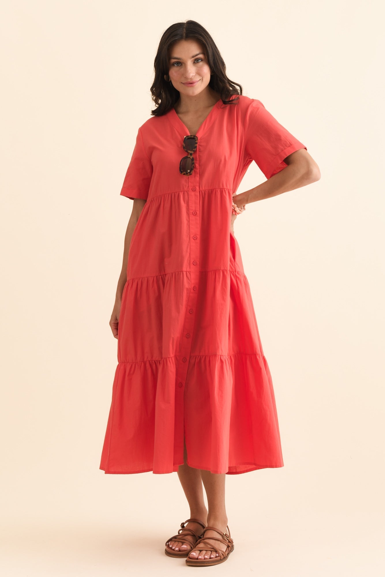 Winona Red Cotton Button Dress