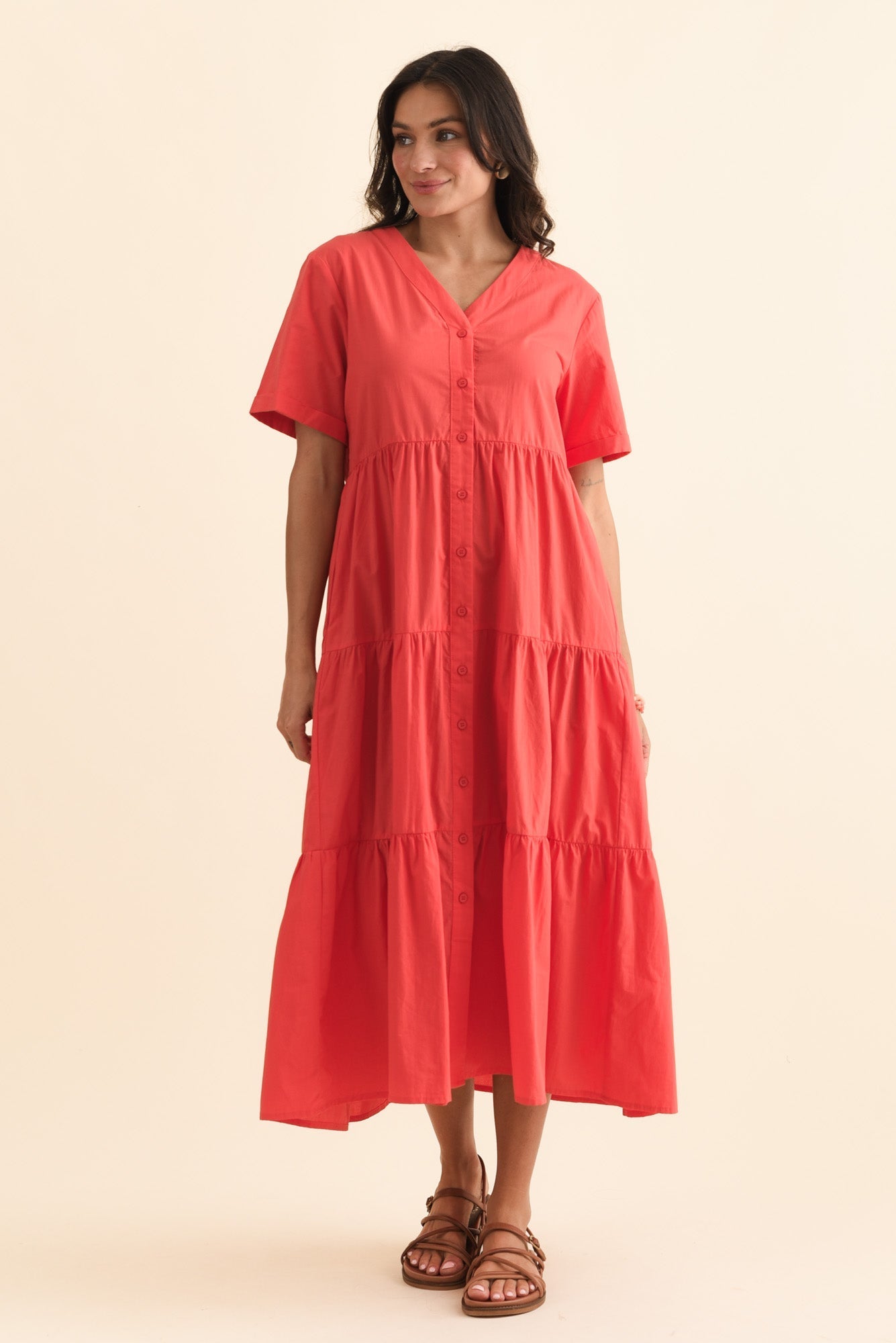 Winona Red Cotton Button Dress