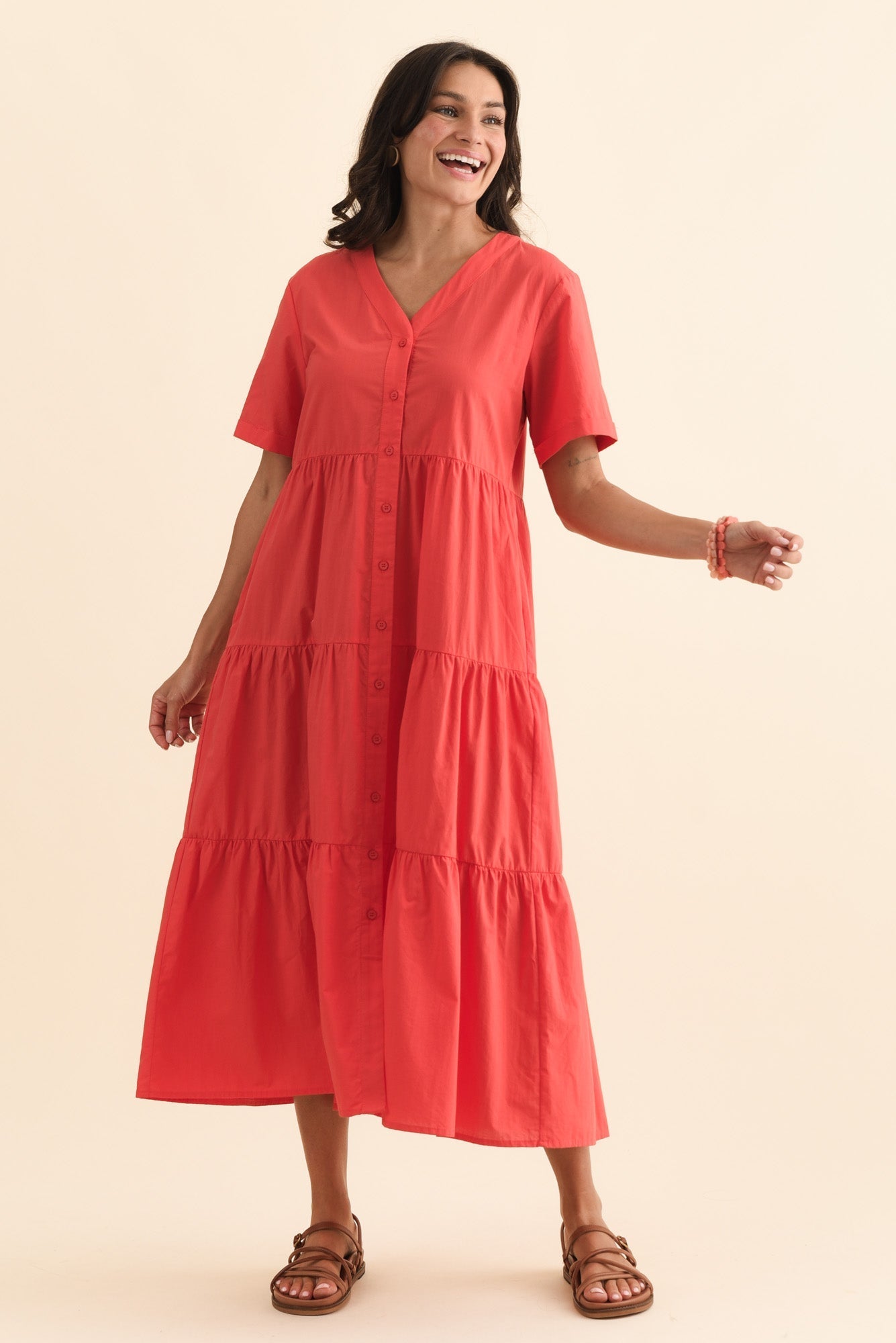 Winona Red Cotton Button Dress