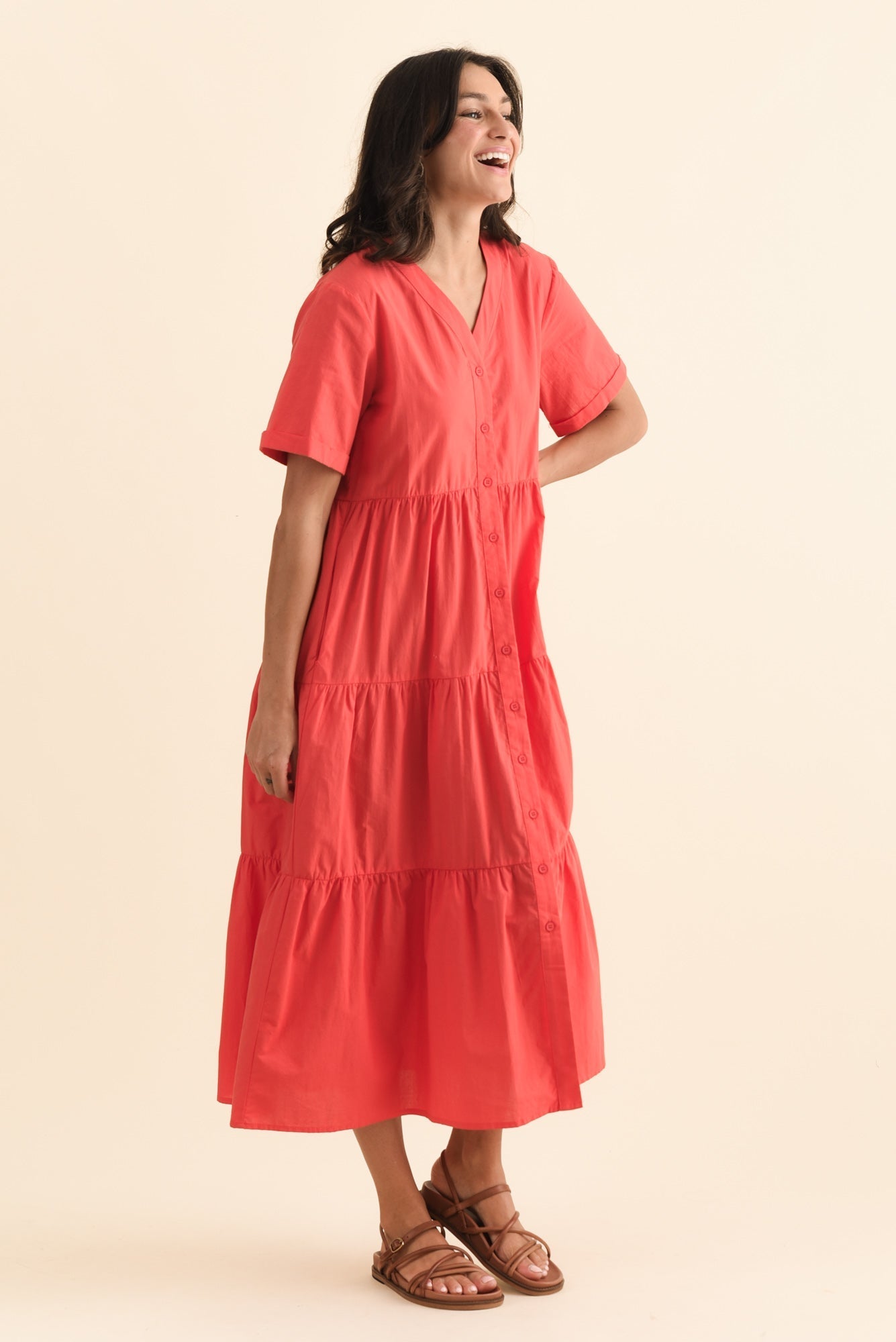 Winona Red Cotton Button Dress