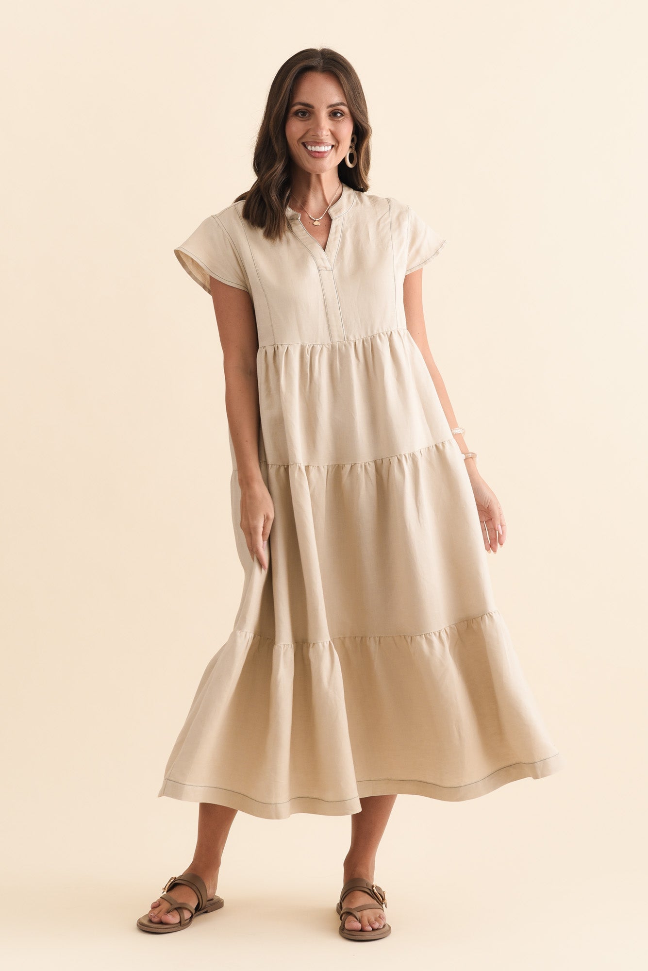 Yvette Natural Contrast Linen Blend Dress