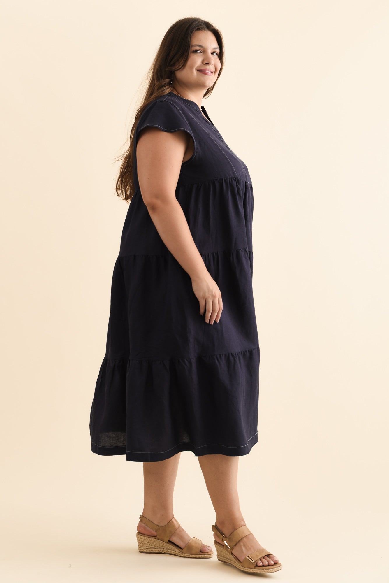 Yvette Navy Contrast Linen Blend Dress