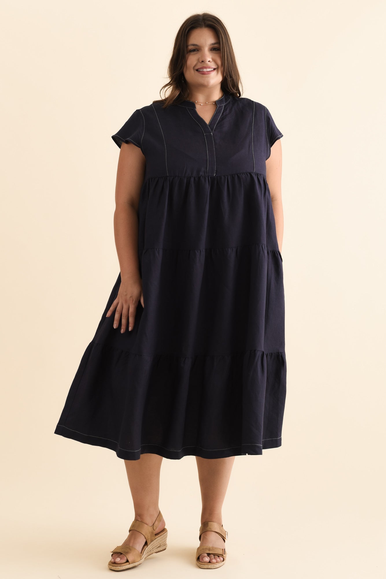 Yvette Navy Contrast Linen Blend Dress