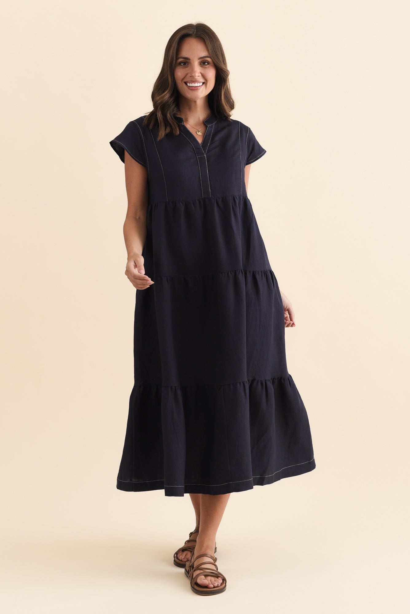 Yvette Navy Contrast Linen Blend Dress