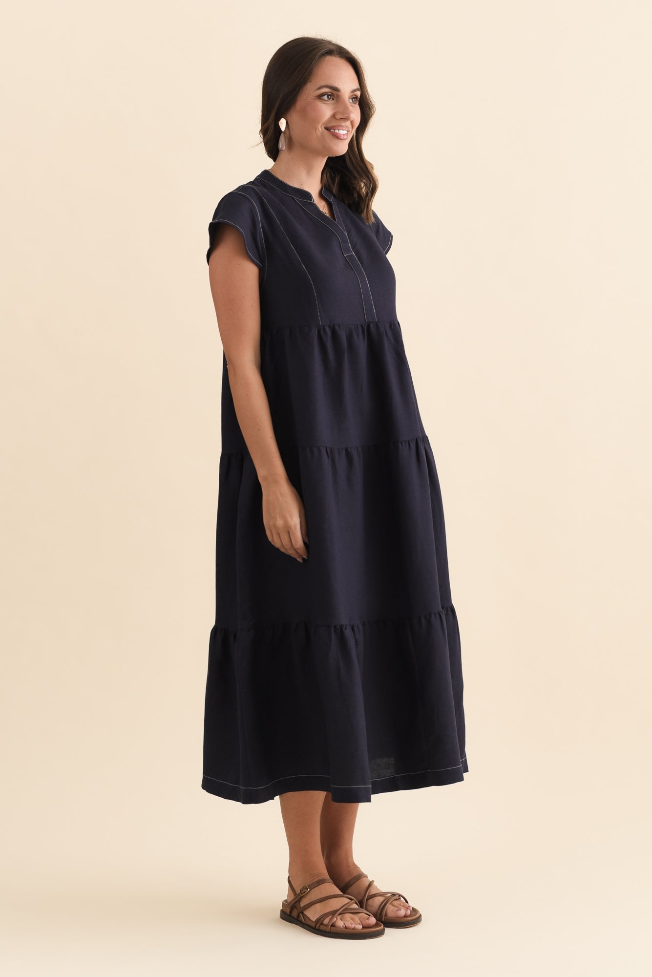 Yvette Navy Contrast Linen Blend Dress