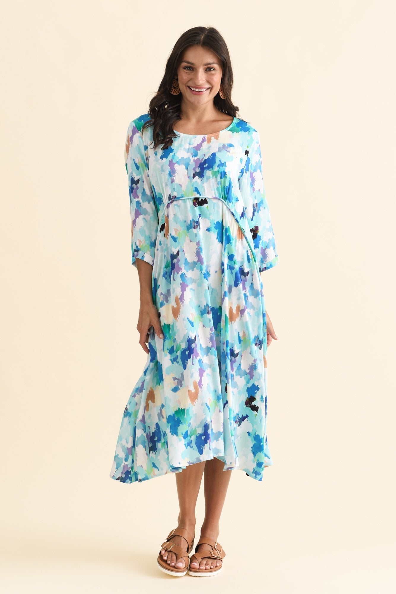Zaelia Blue Watercolor Sleeved Crescent Dress