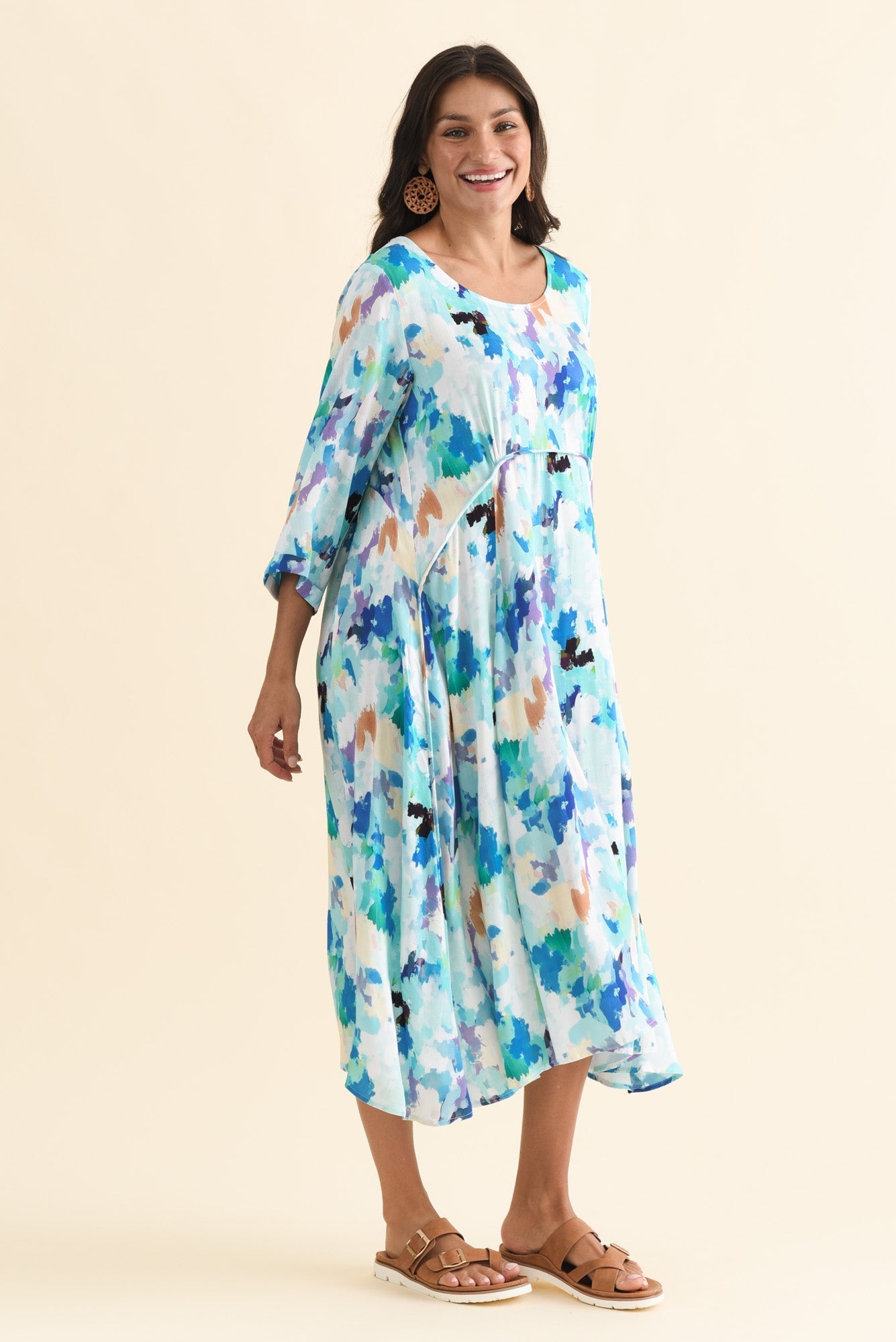 Zaelia Blue Watercolor Sleeved Crescent Dress