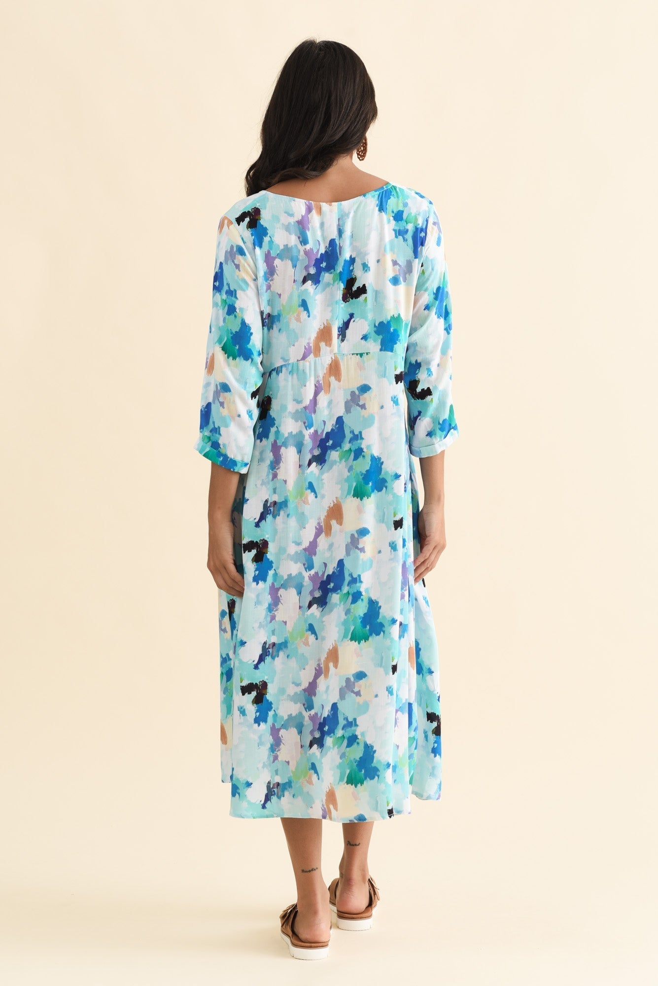 Zaelia Blue Watercolor Sleeved Crescent Dress