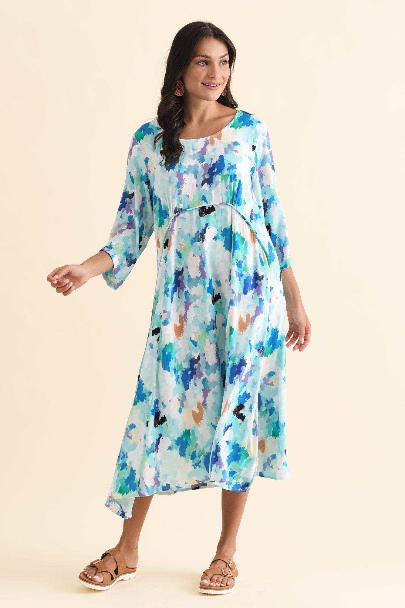 Zaelia Blue Watercolor Sleeved Crescent Dress