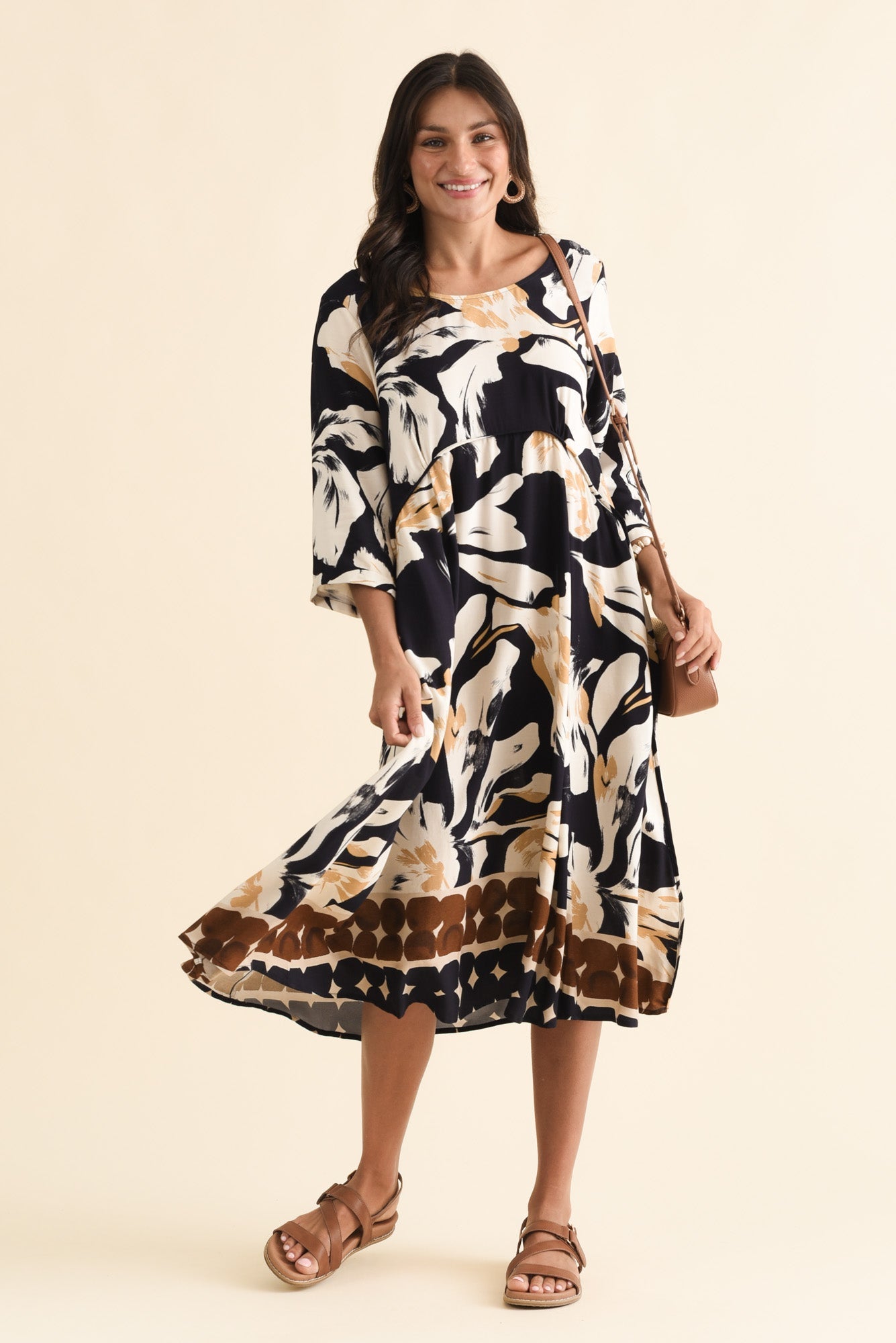 Zaelia Navy Abstract Sleeved Crescent Dress