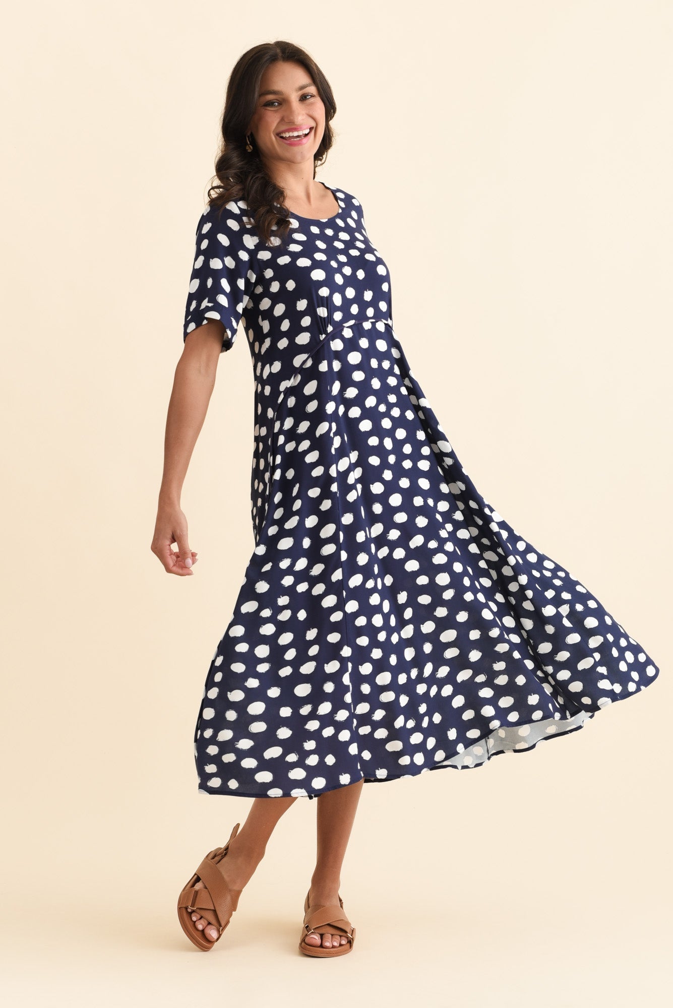 Zaelia Navy Spot Crescent Dress