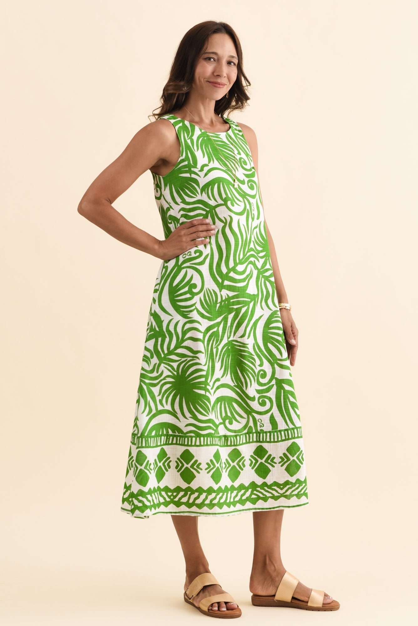Zeldi Green Leaf Cotton Midi Dress