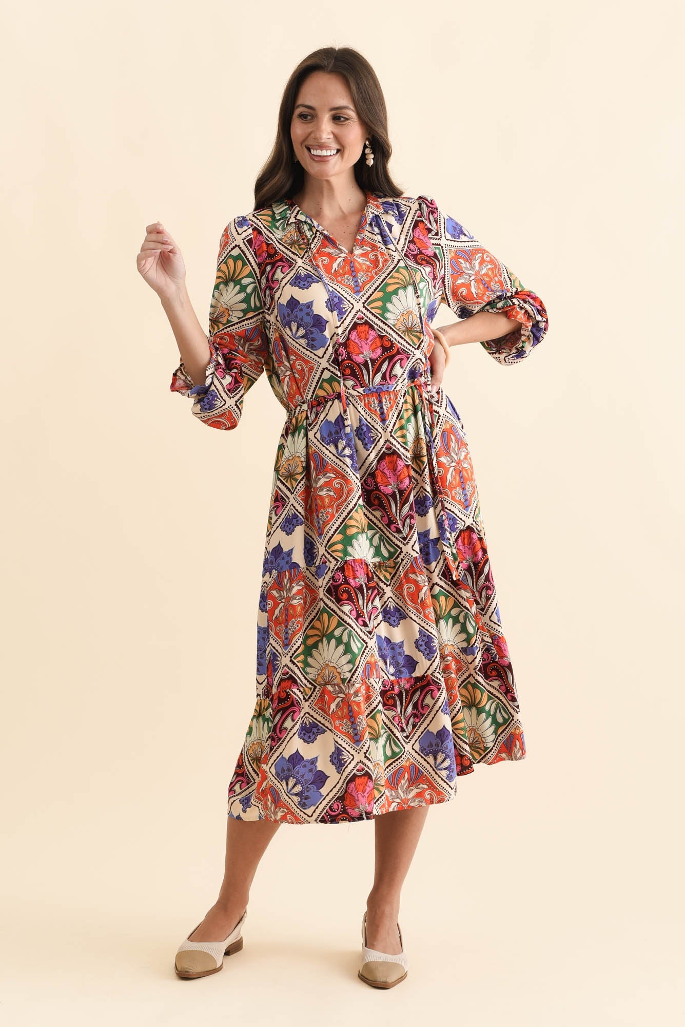 Lyon Orange Tile Sleeved Dress